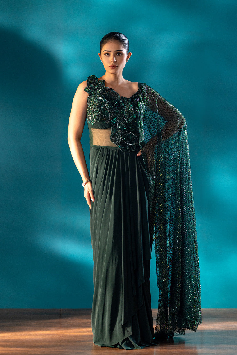 Midnight Fern Drape Saree