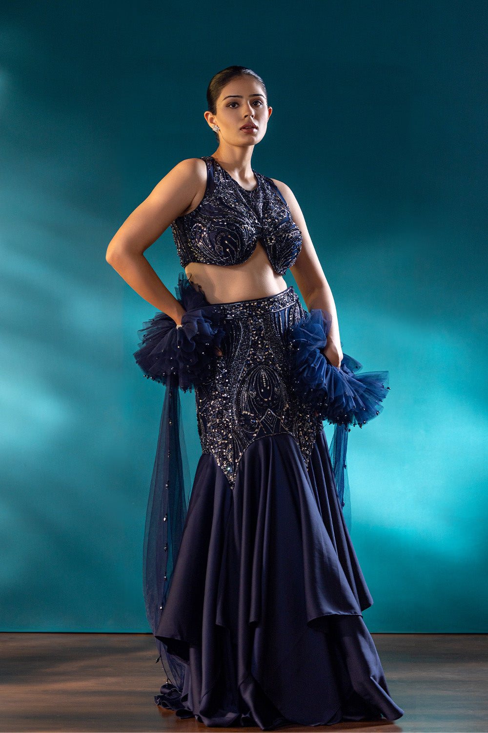 Navy Cascade Skirt & blouse Set