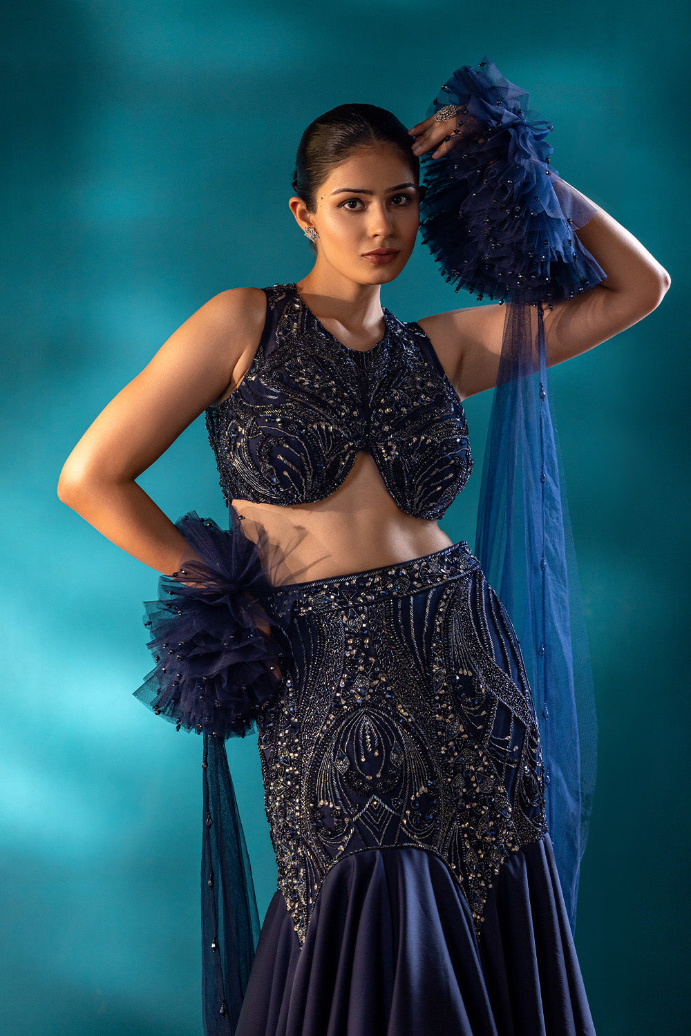 Navy Cascade Skirt & blouse Set