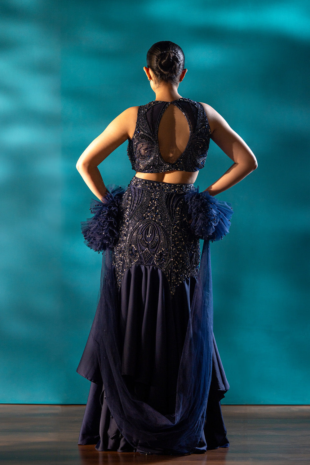 Navy Cascade Skirt & blouse Set