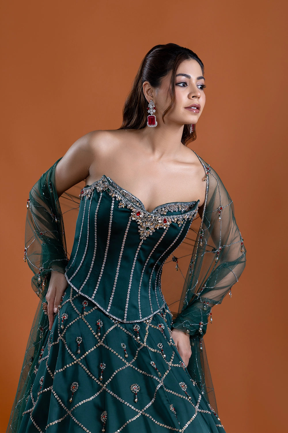 Sarvar Bottle Green Corset Lehenga