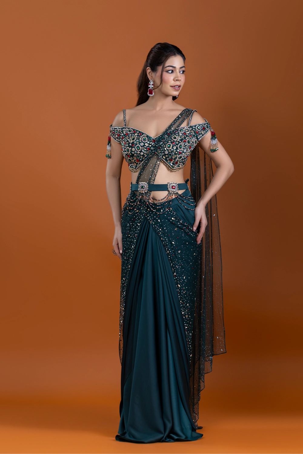 Husn Bottle Green Drape Saree