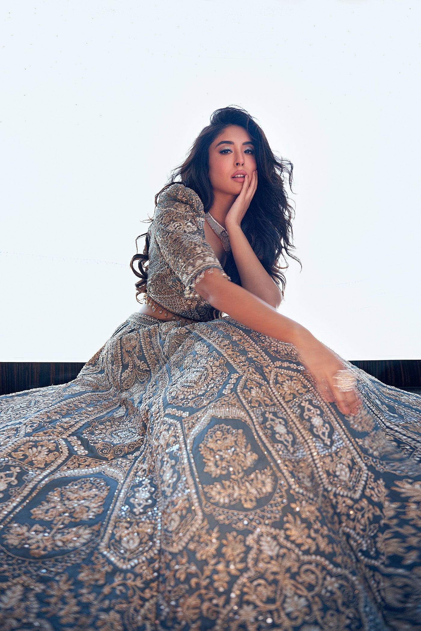 Kritika Kamra in Grey lehegna with zarkan work