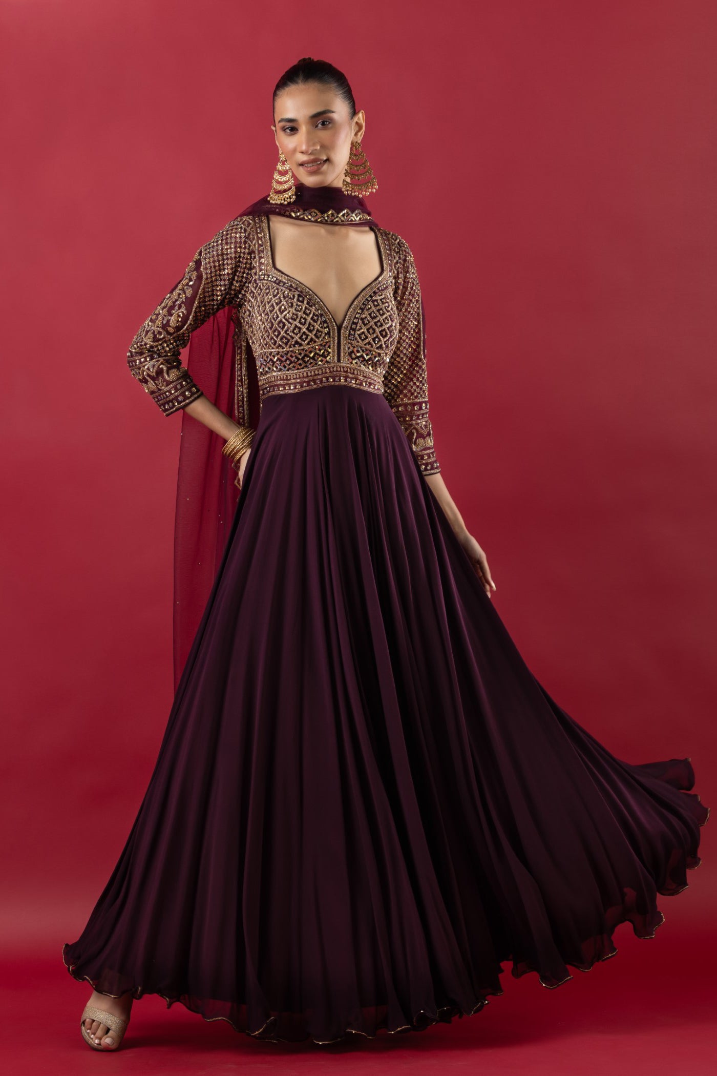 Wine Anarkali With Zarkan And Crystal Work