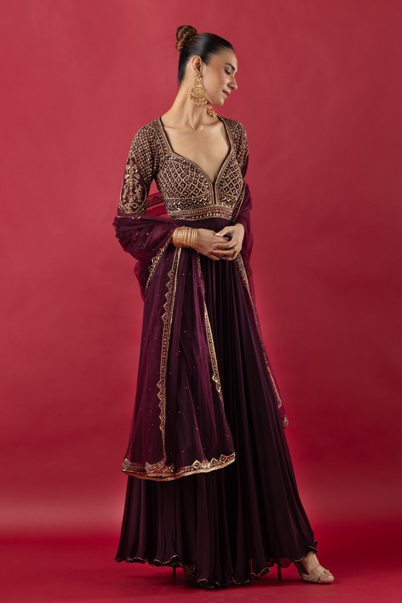 Wine Anarkali With Zarkan And Crystal Work