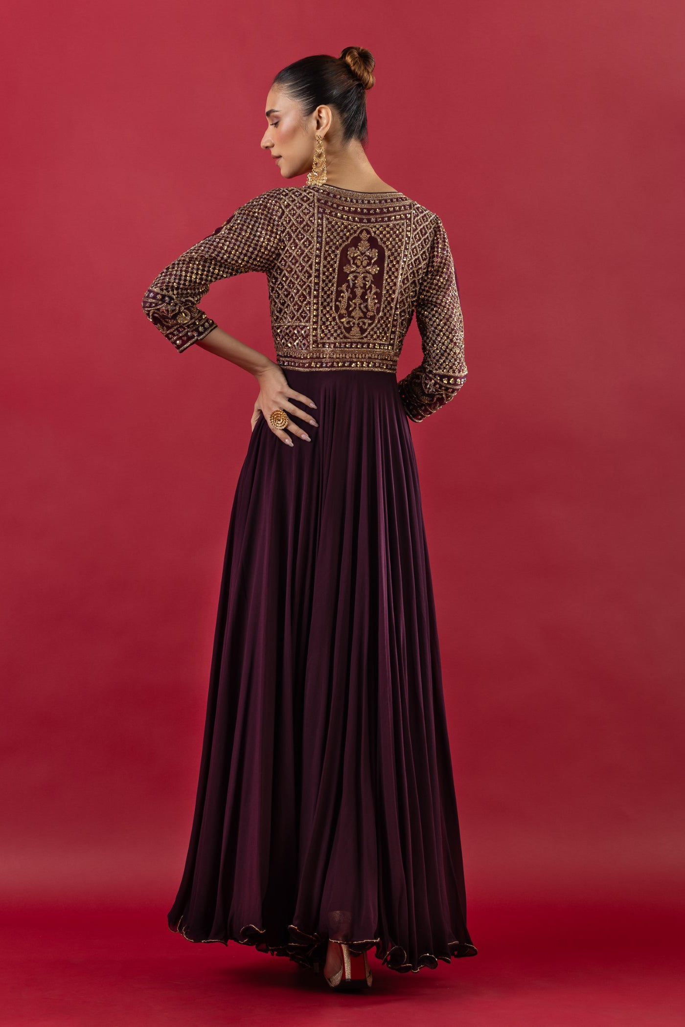 Wine Anarkali With Zarkan And Crystal Work