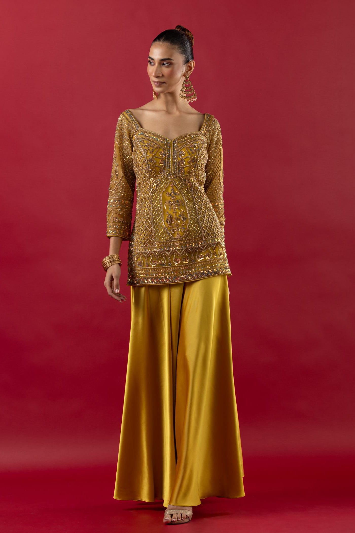 Mustard Sharara Suit With Sequins And Cutdana