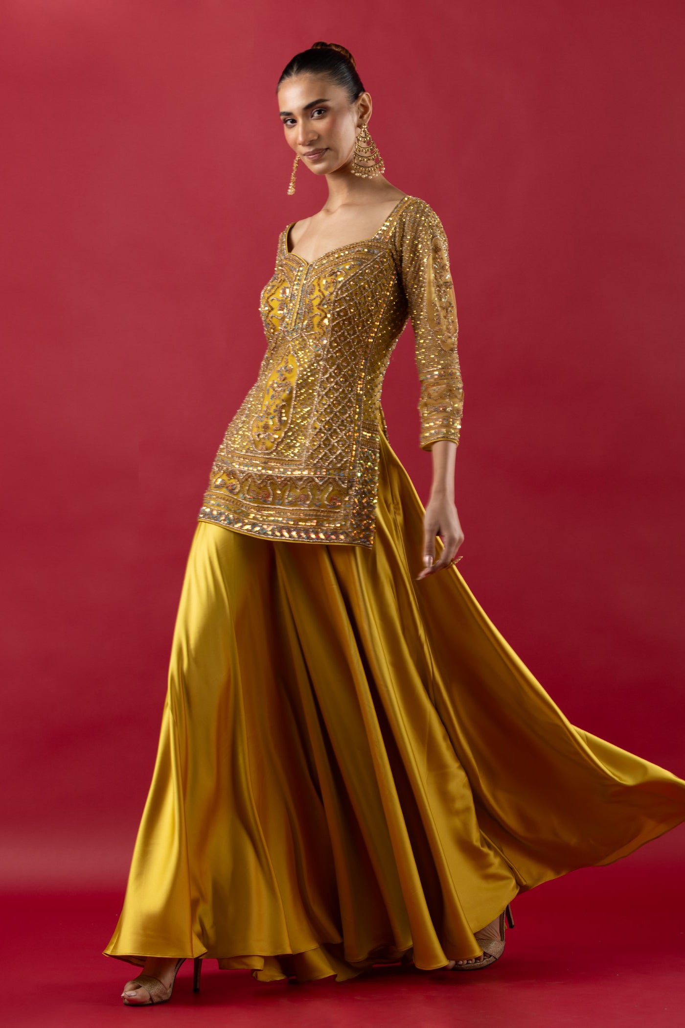 Mustard Sharara Suit With Sequins And Cutdana