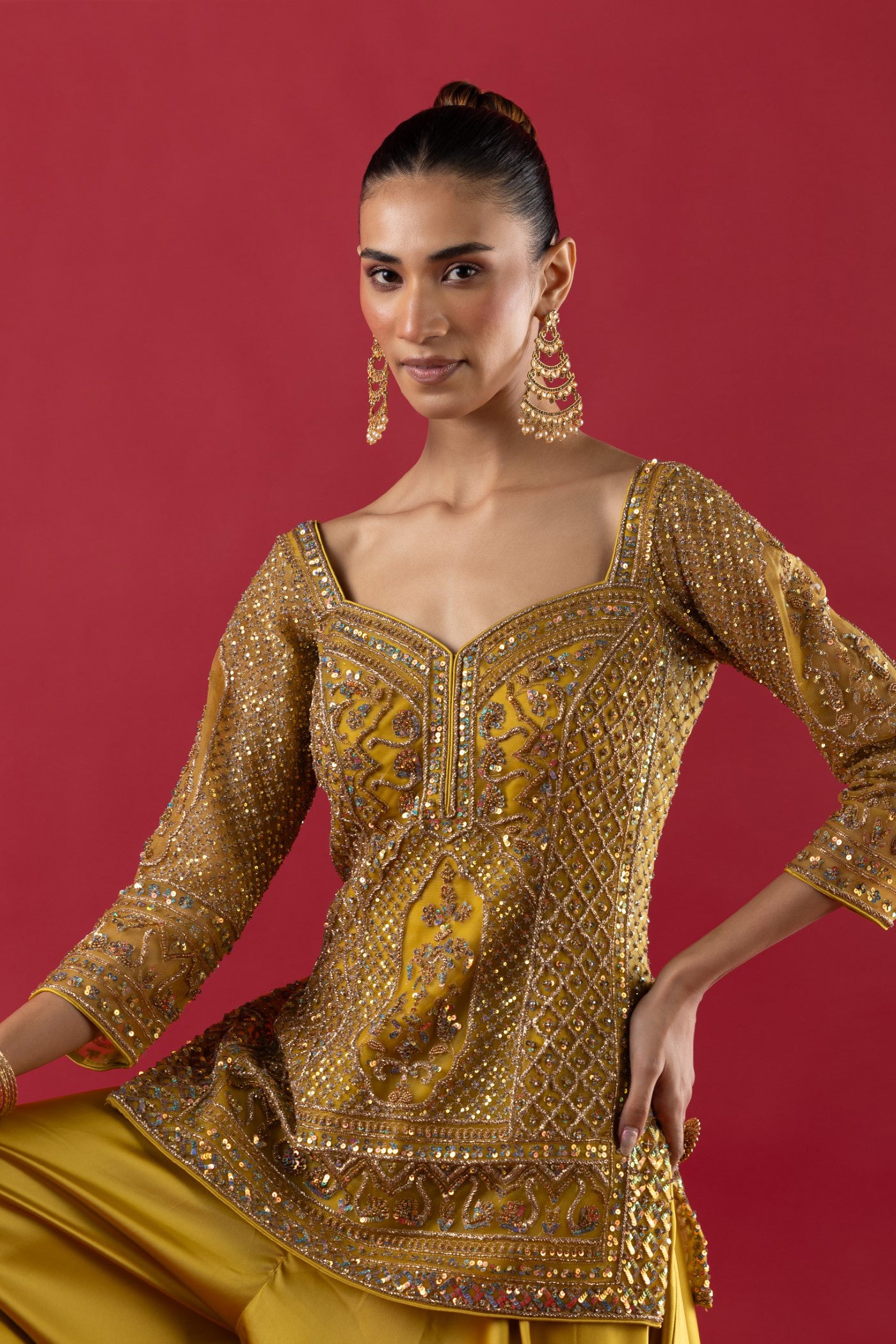 Mustard Sharara Suit With Sequins And Cutdana