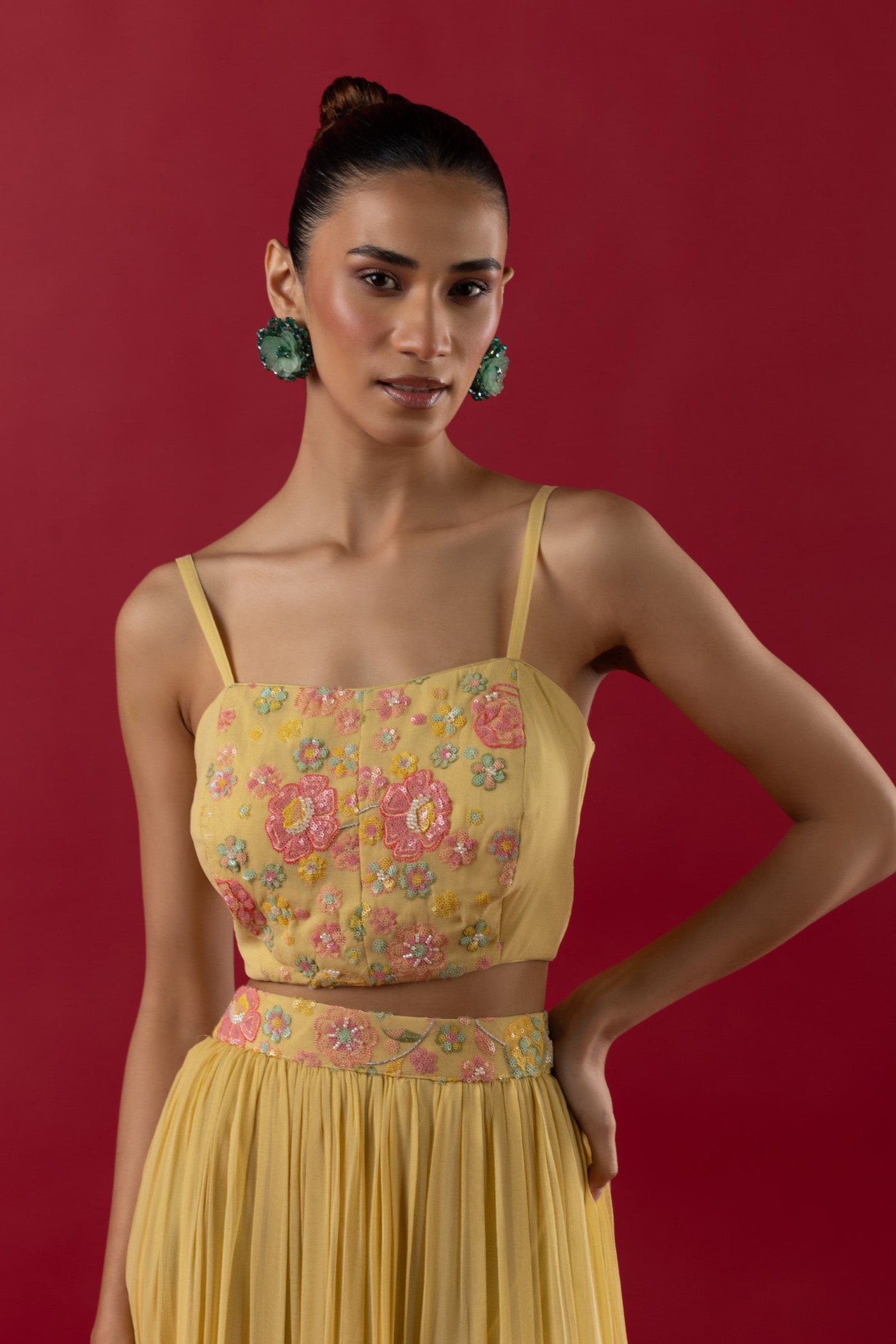 Lemon Yellow Multi-colour thread embroidered bustier and cape set