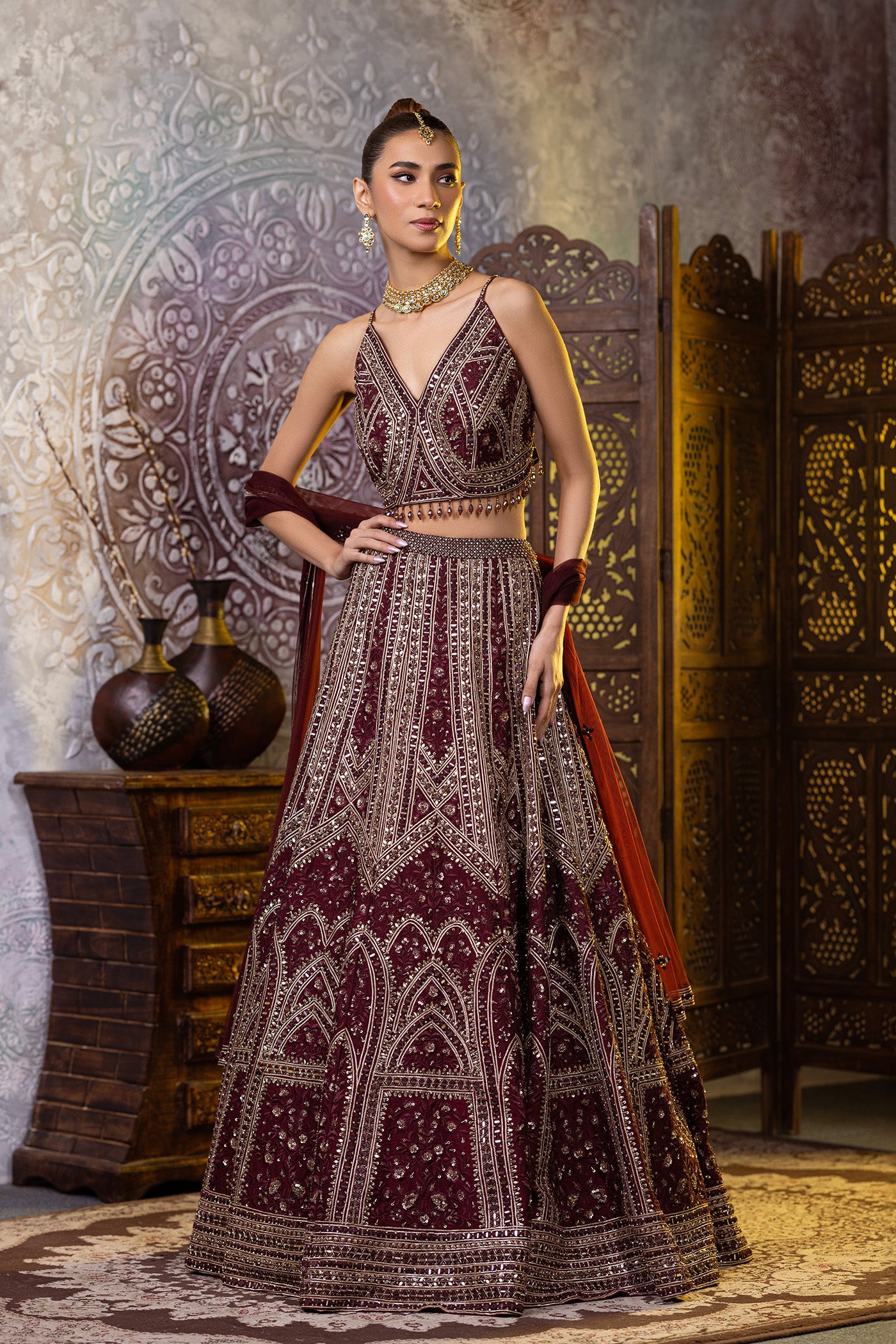 Dark wine resham work lehenga choli