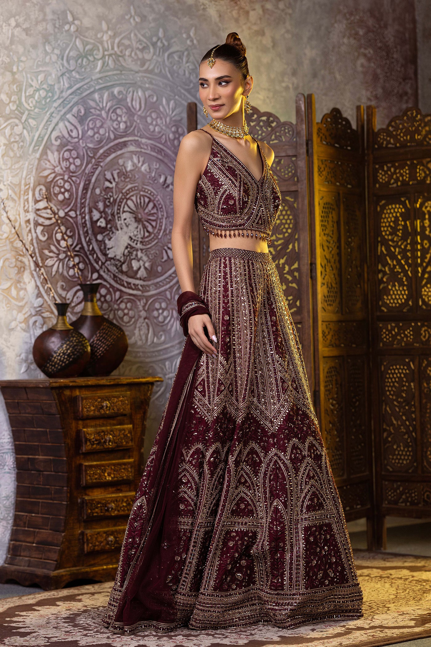 Dark wine resham work lehenga choli