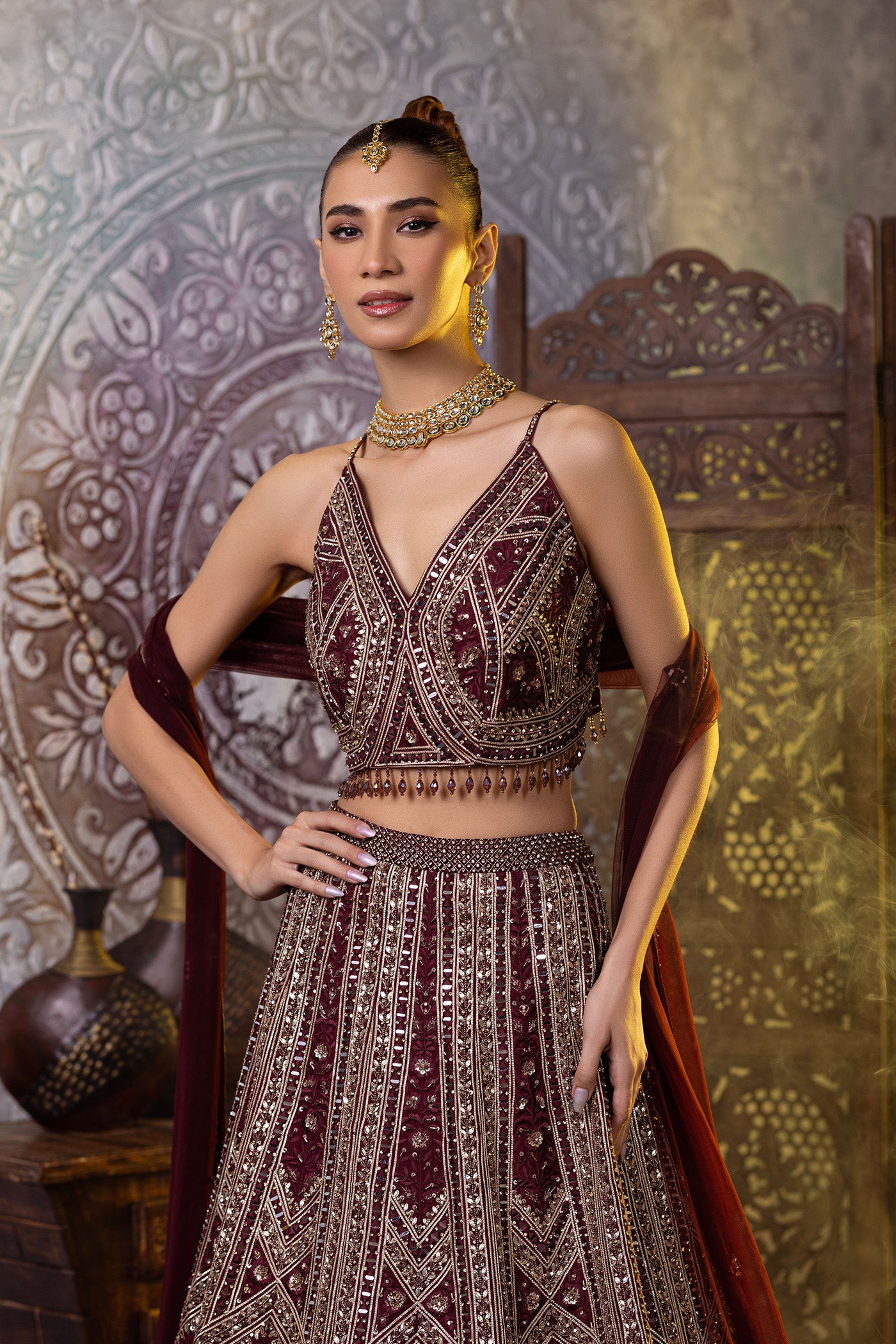 Dark wine resham work lehenga choli