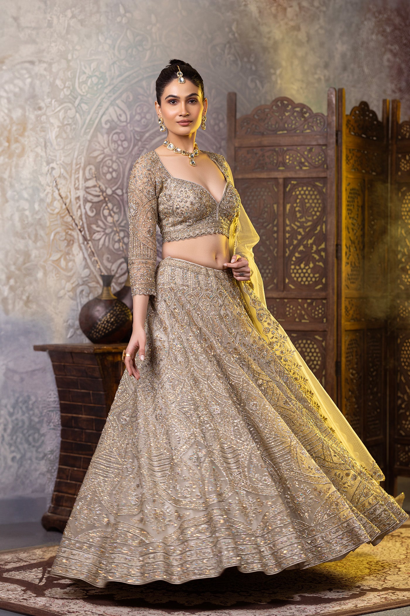 Pista green zari lehenga with dupatta