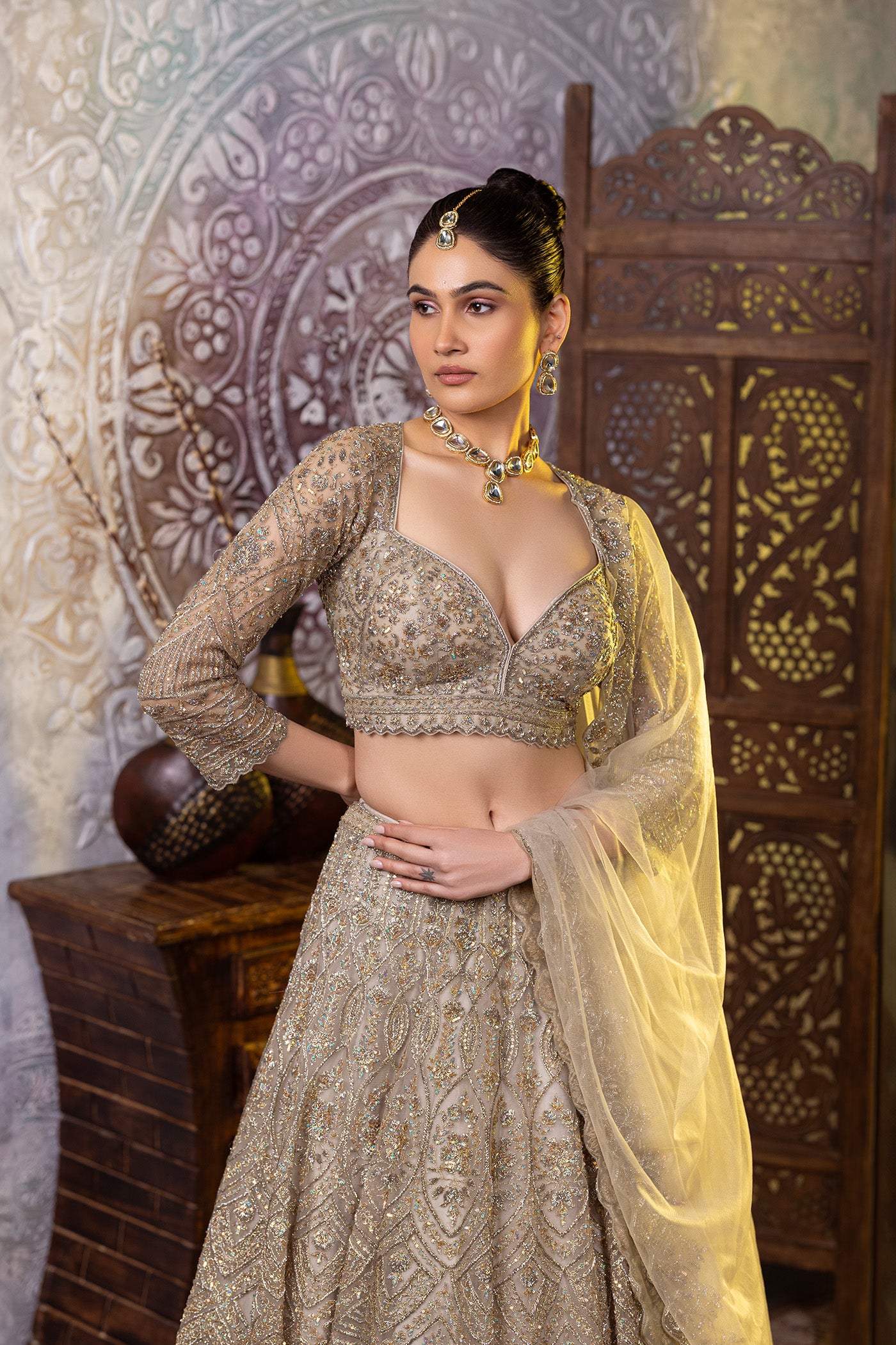 Pista green zari lehenga with dupatta