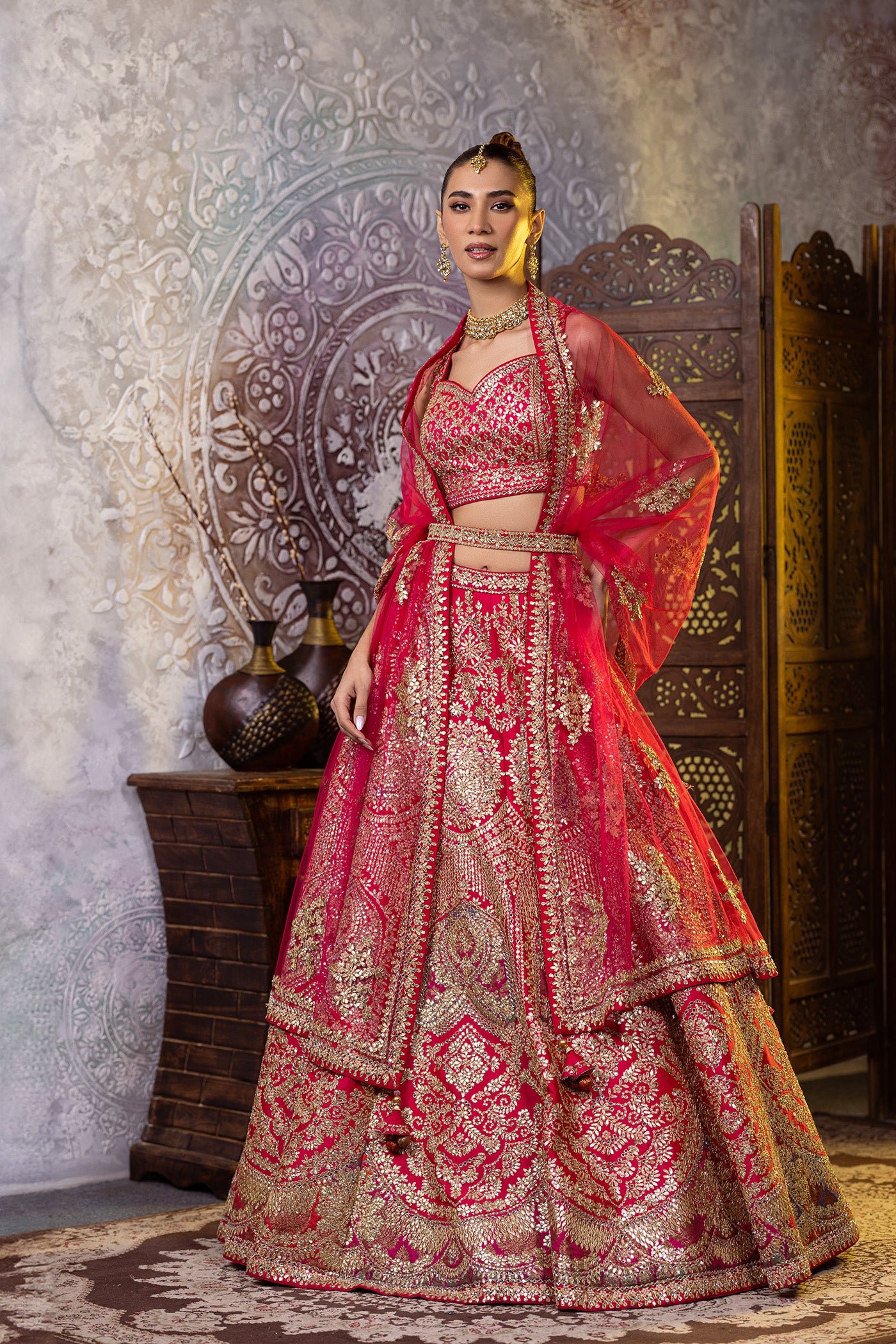 Magenta lehenga on brocade silk