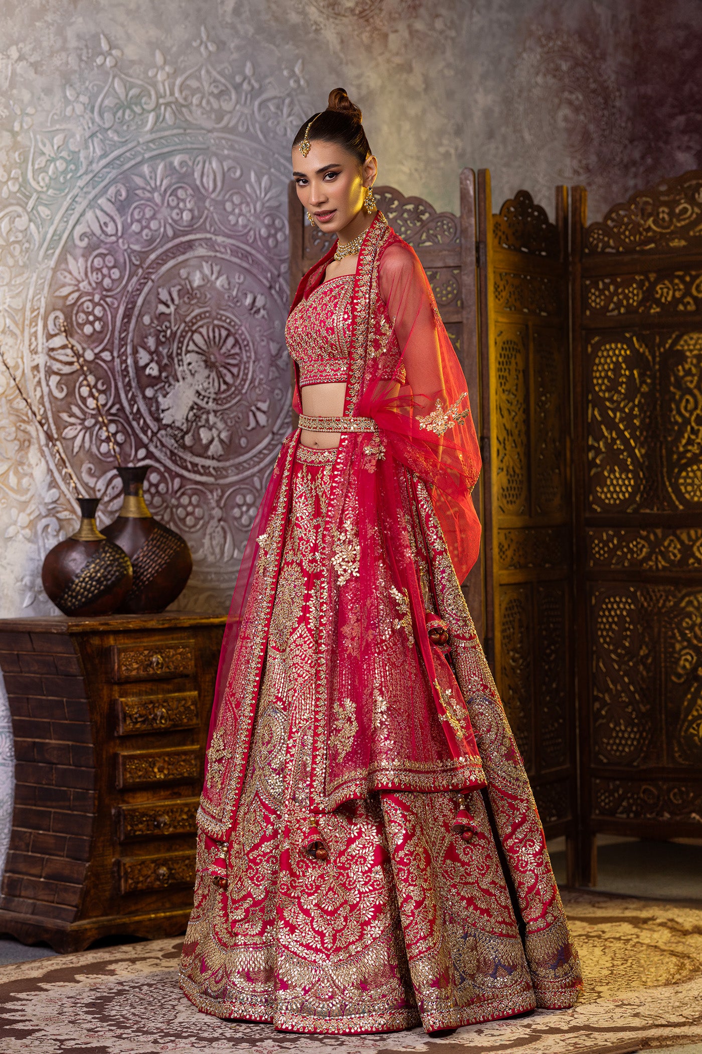 Magenta lehenga on brocade silk