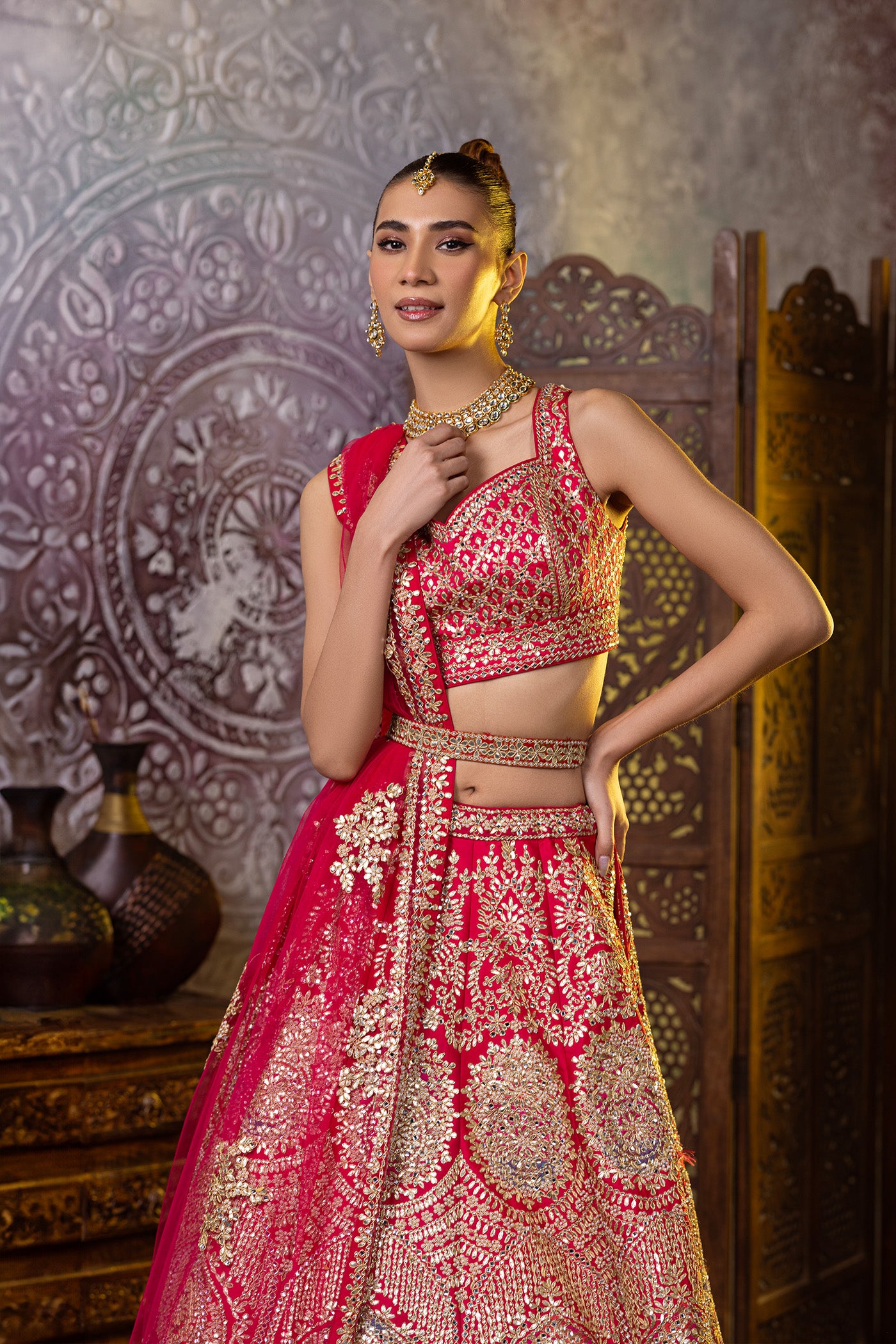 Magenta lehenga on brocade silk