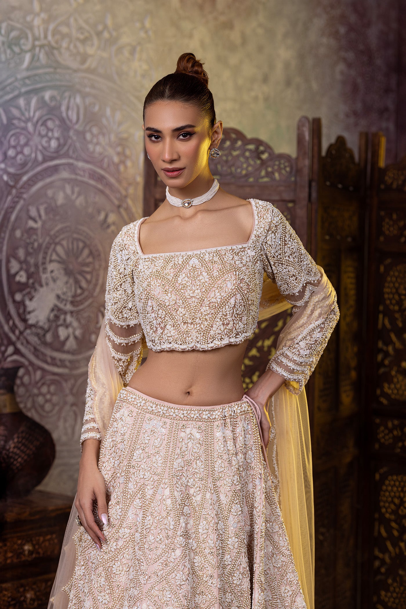 Silk blush pearl lehenga with dupatta