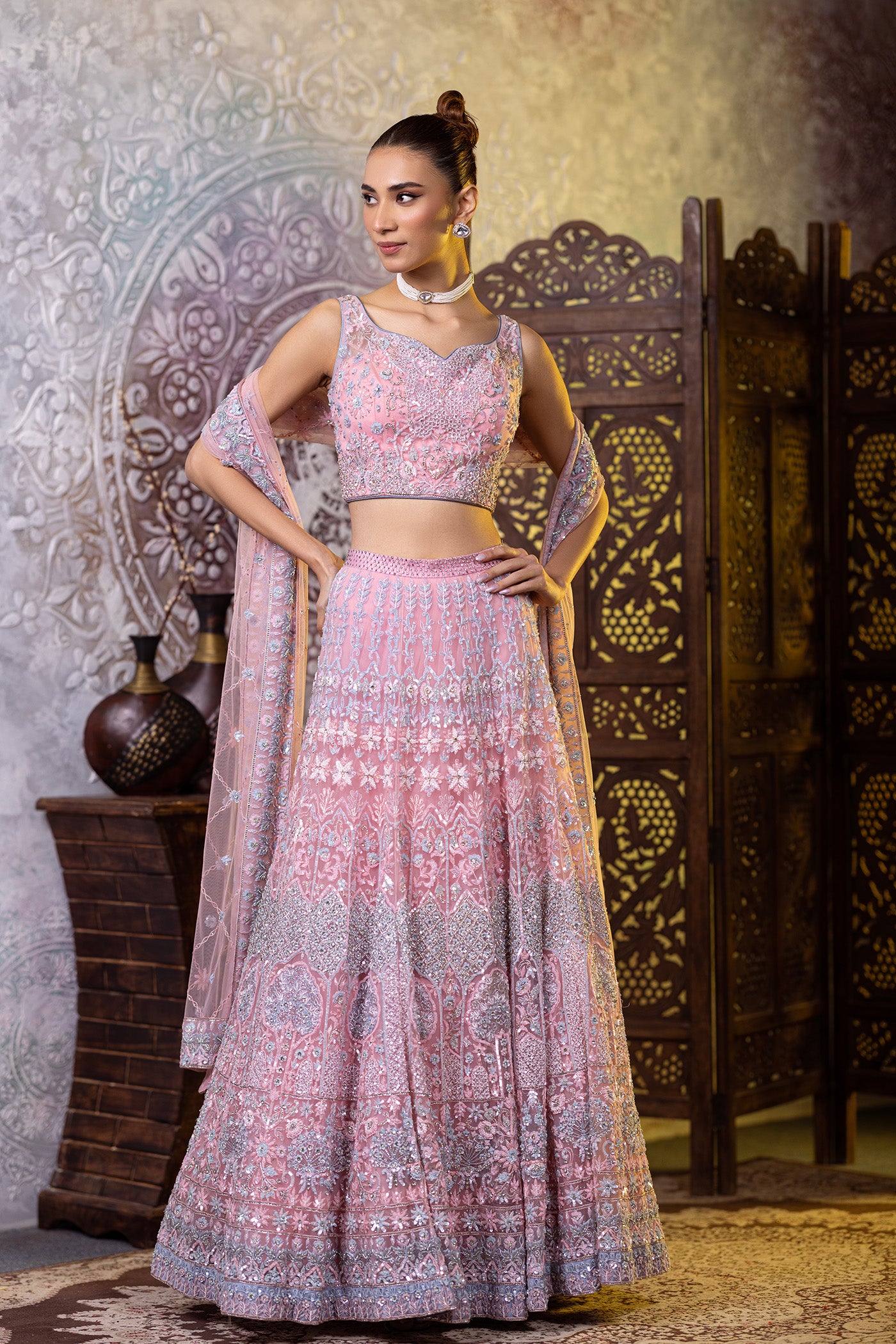 Pink resham lehegna with choli