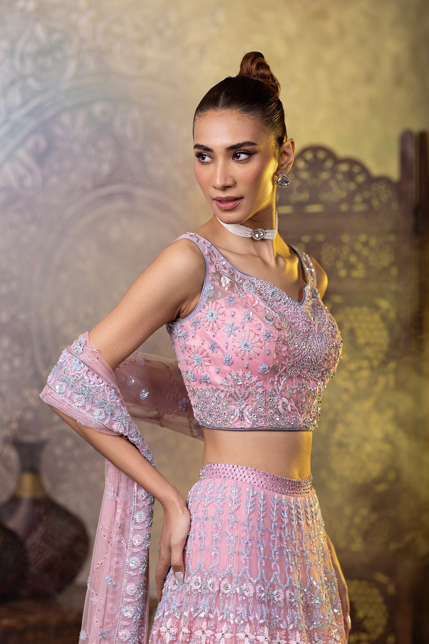Pink resham lehenga with choli