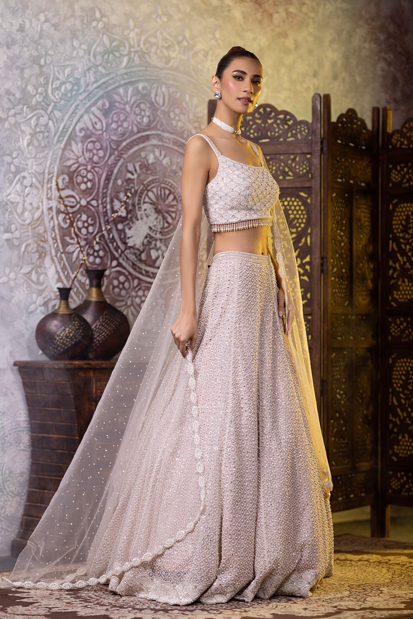 Pink lehegna with pearl work