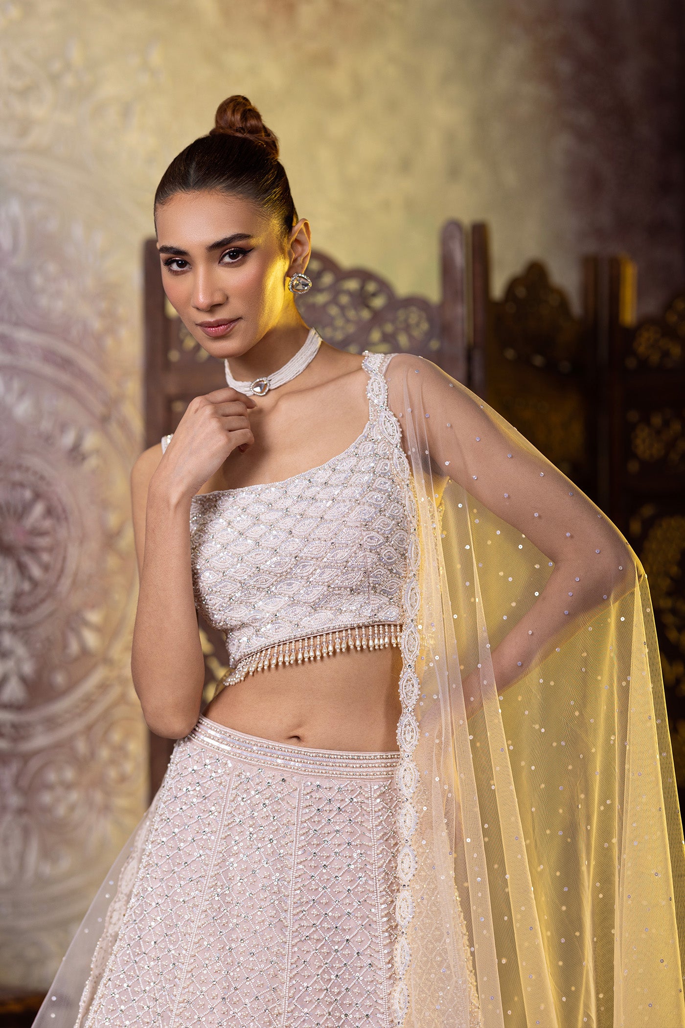 Pink lehegna with pearl work