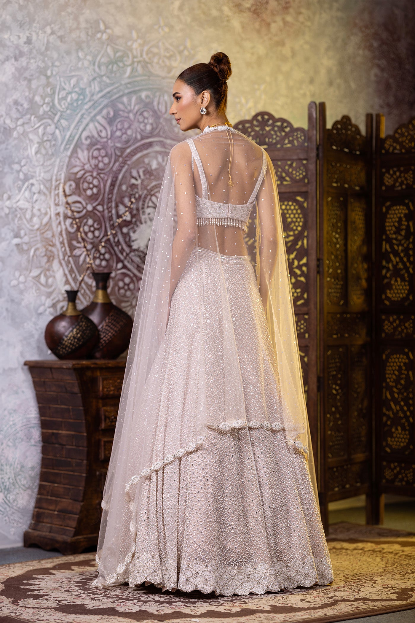 Pink lehegna with pearl work