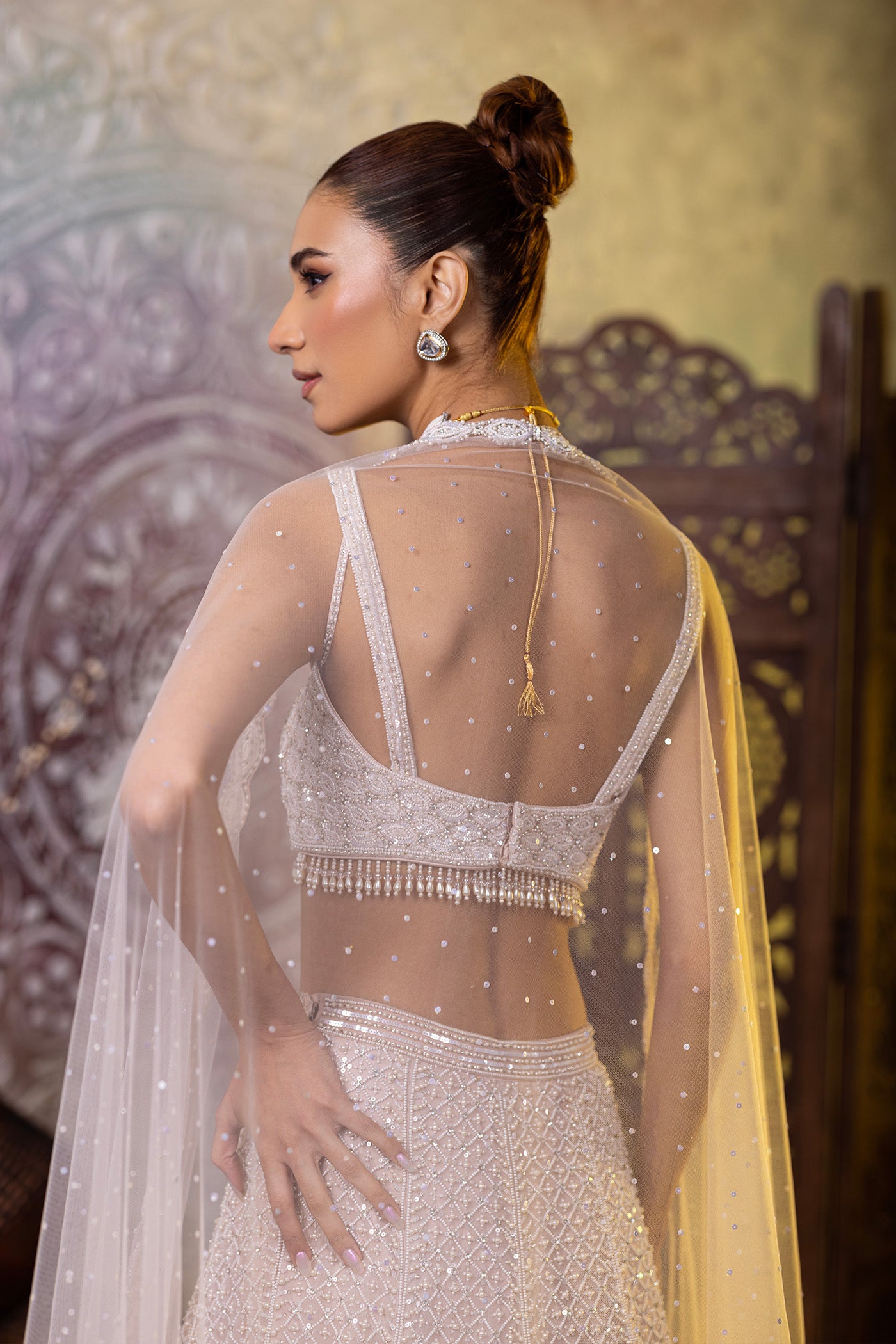 Pink lehegna with pearl work