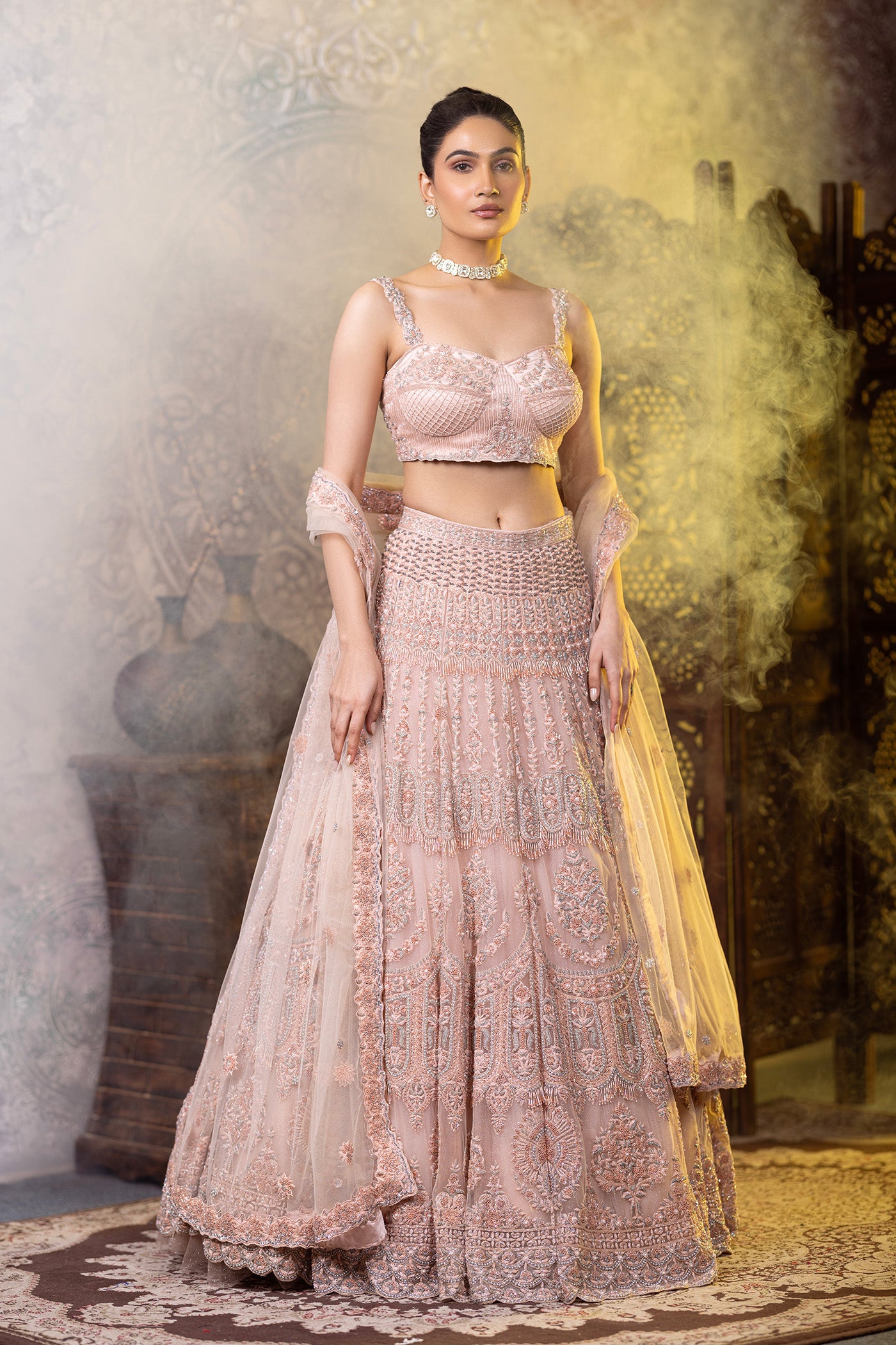 Peach crystal and sequins work lehenga