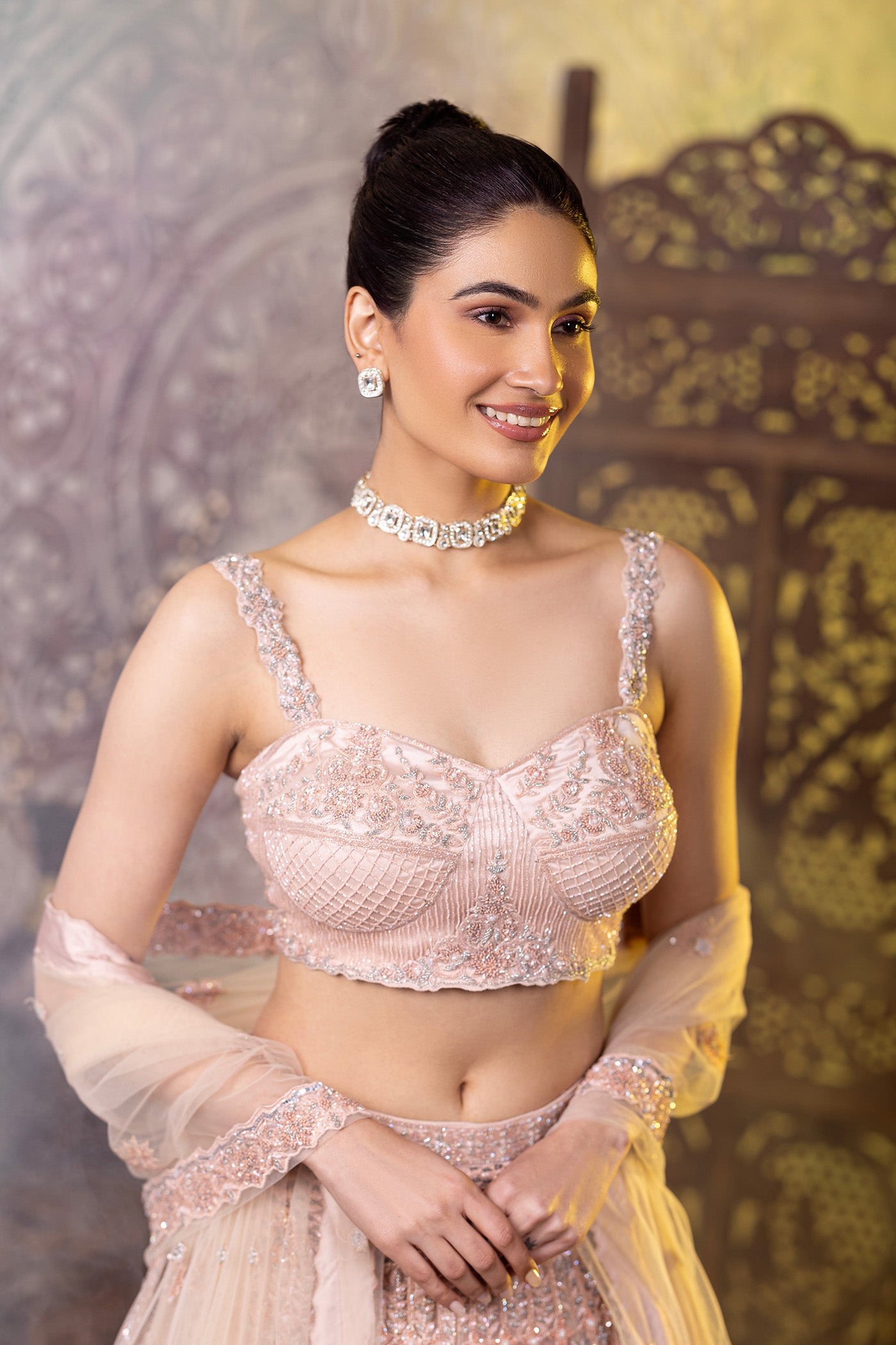 Peach crystal and sequins work lehenga