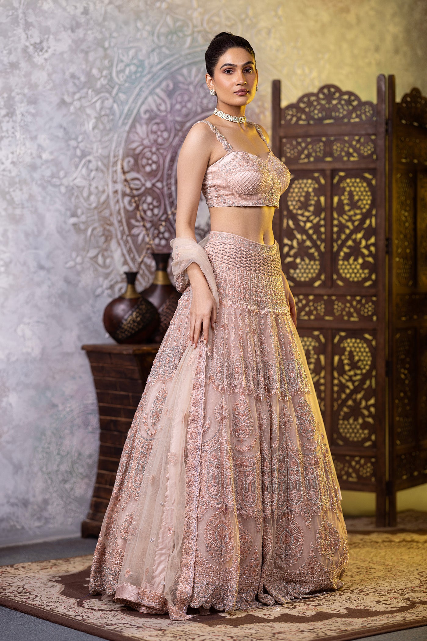 Peach crystal and sequins work lehenga