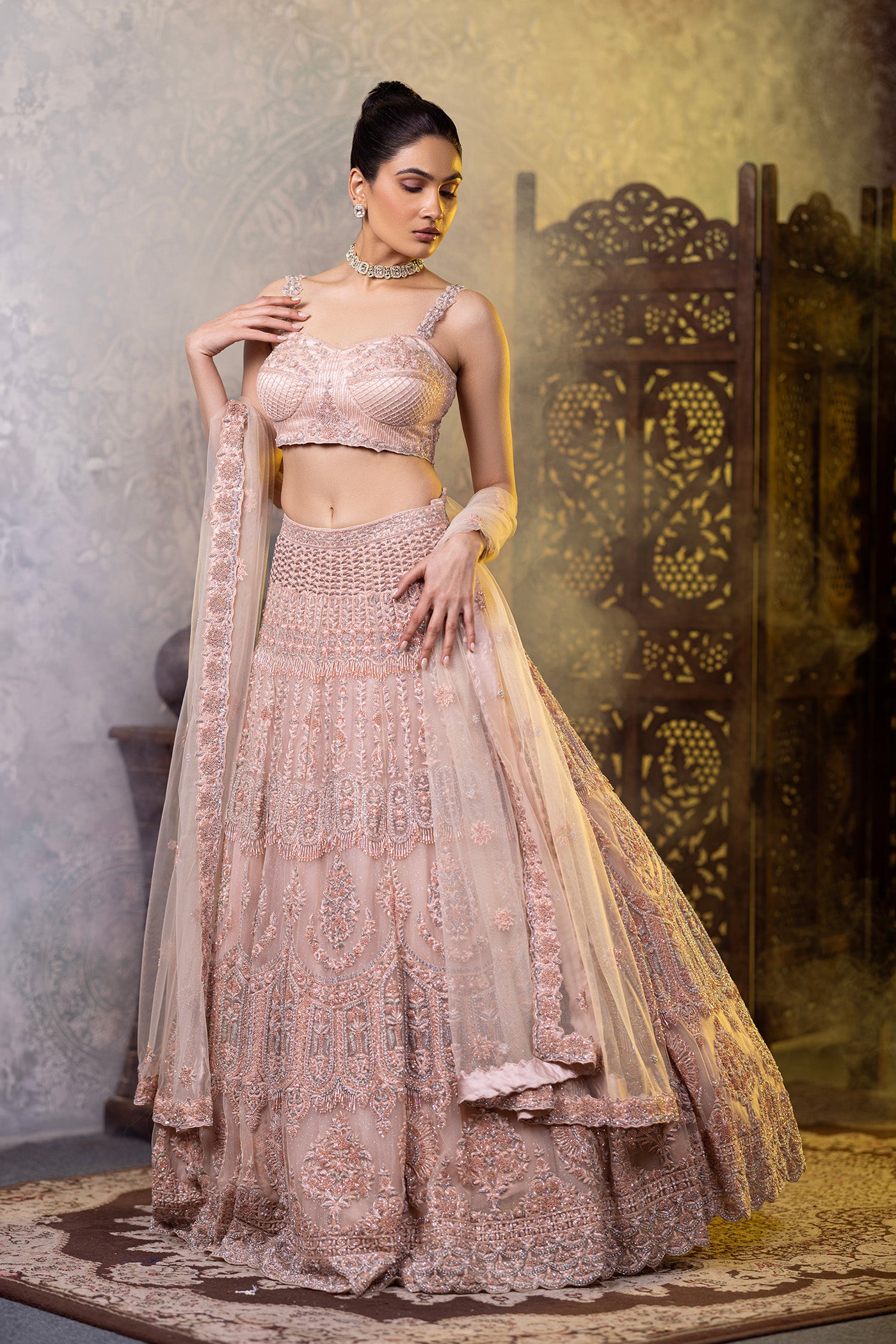 Peach crystal and sequins work lehenga