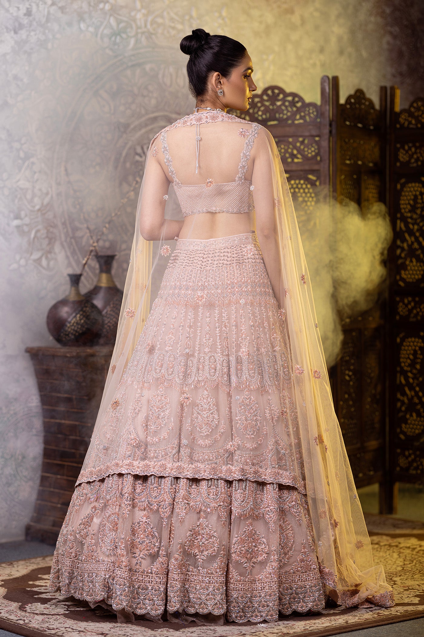 Peach crystal and sequins work lehenga