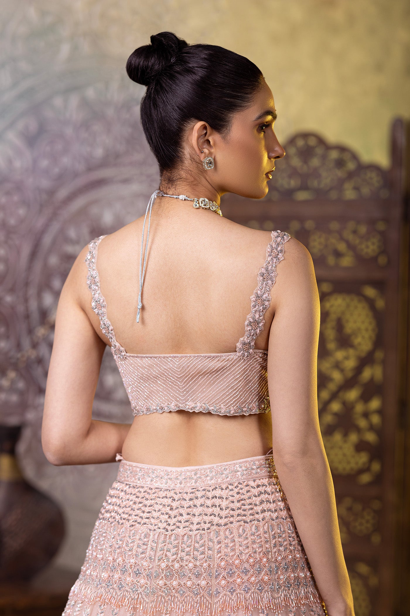 Peach crystal and sequins work lehenga