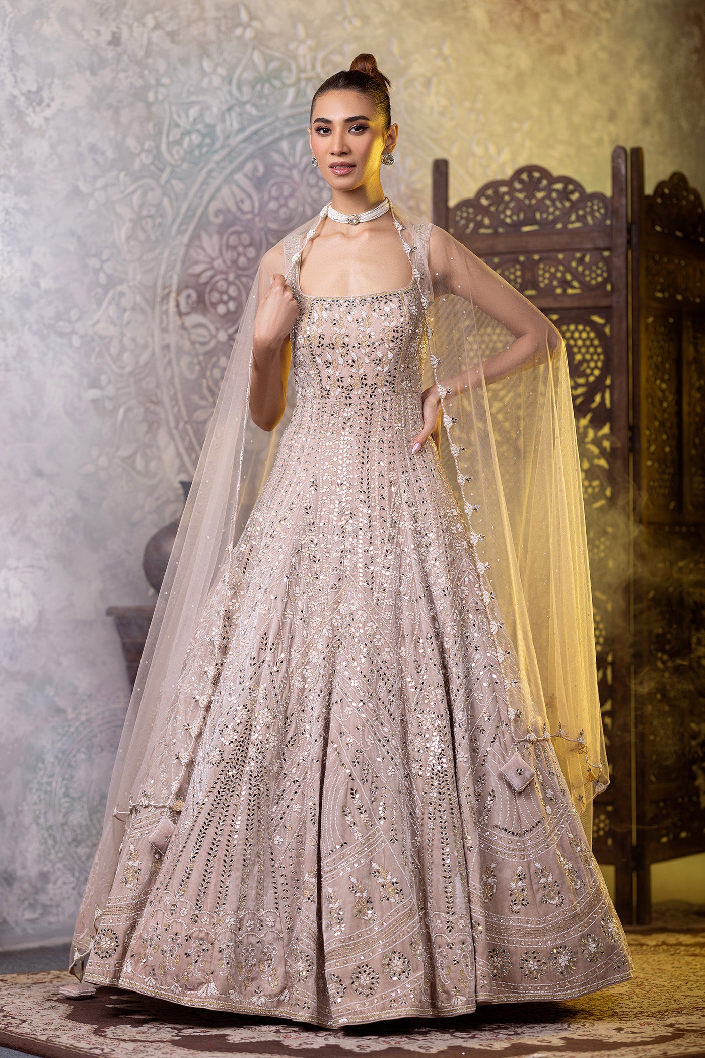 Velvet anarkali suit with dabka and pearl work