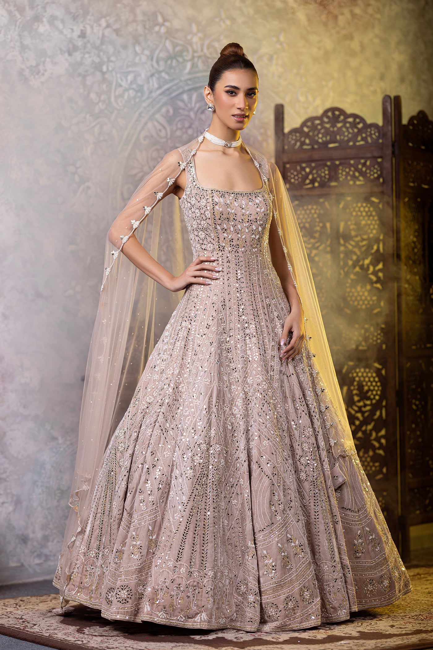 Velvet anarkali suit with dabka and pearl work