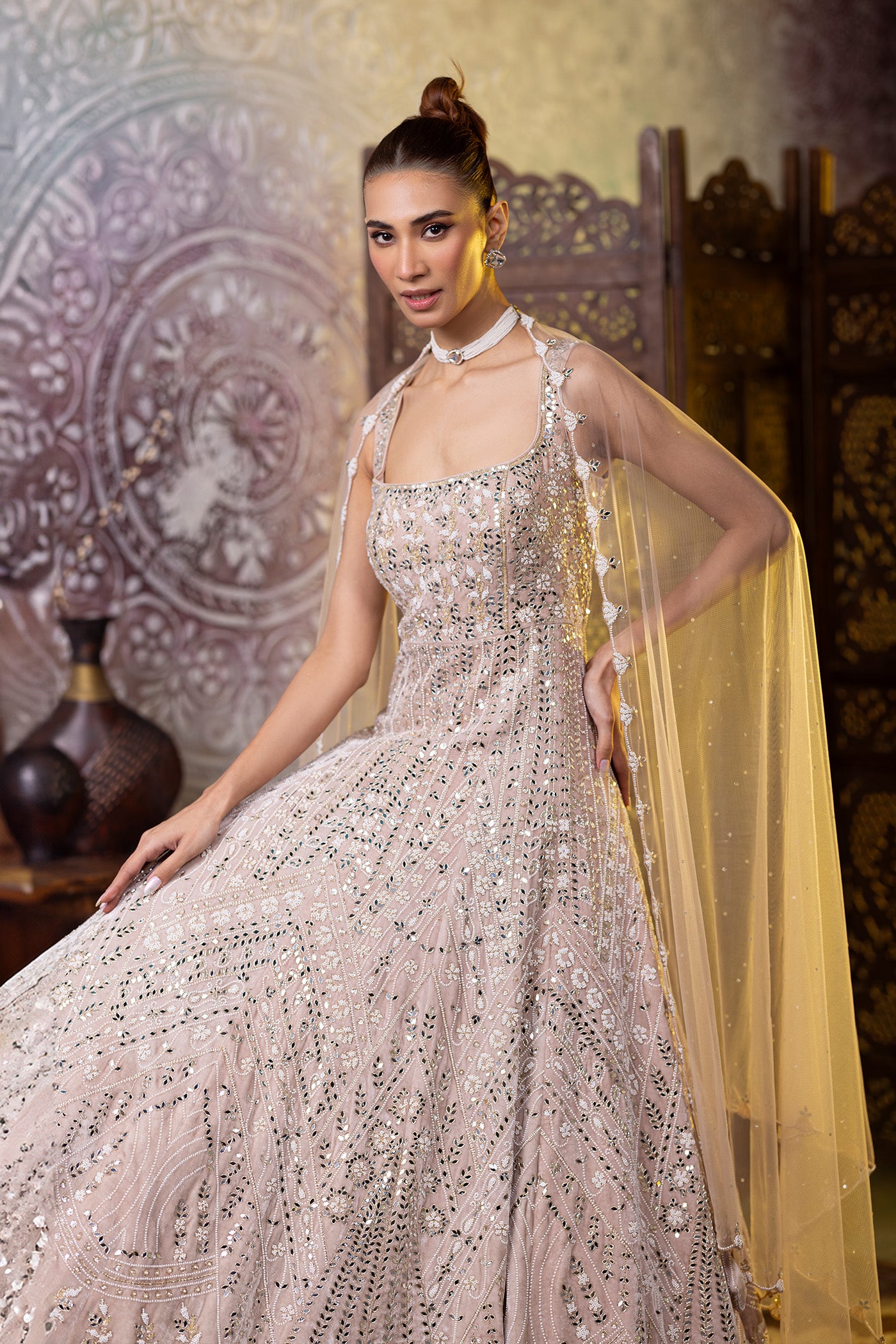 Velvet anarkali suit with dabka and pearl work