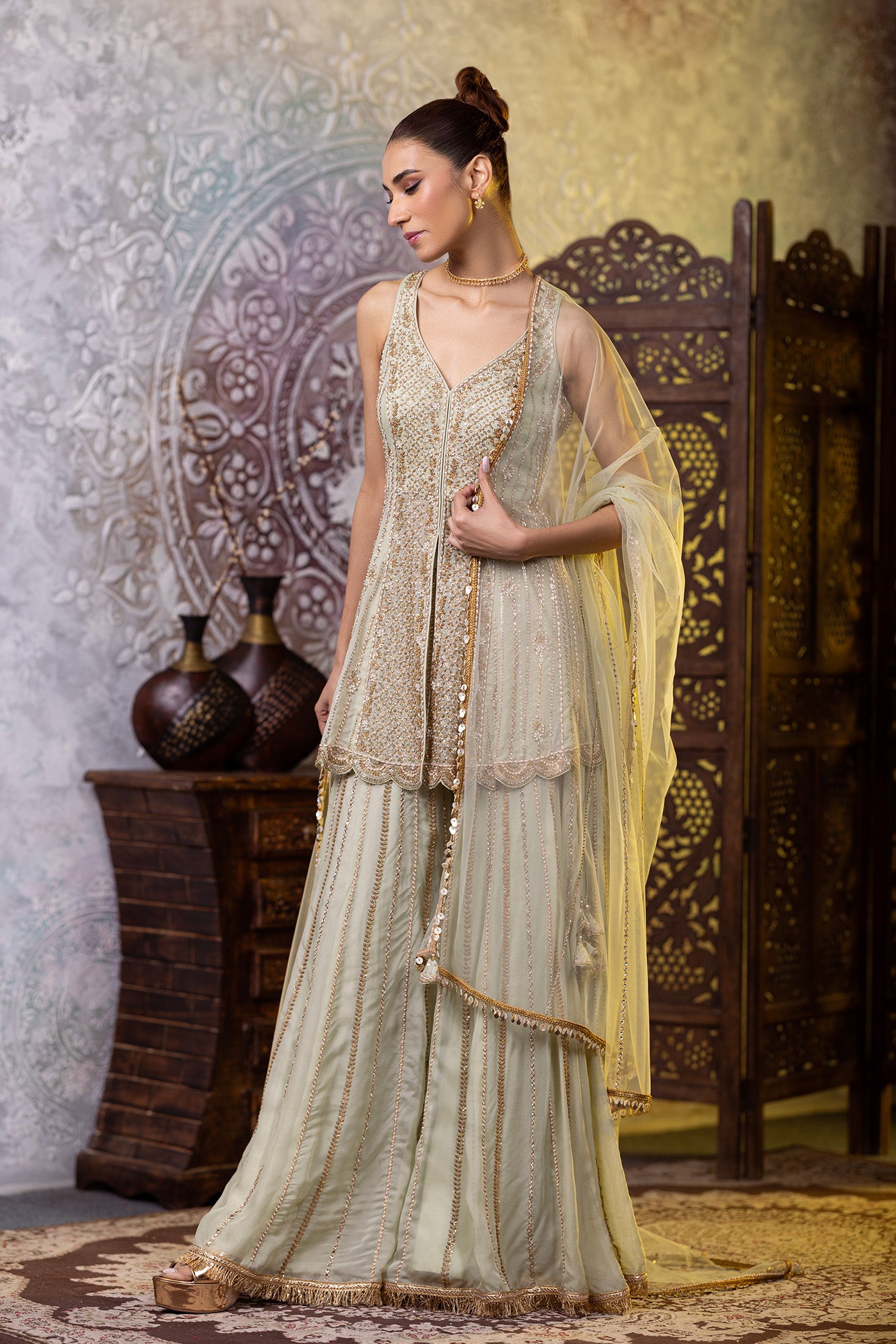 Organza peplum suit with sharara and dupatta