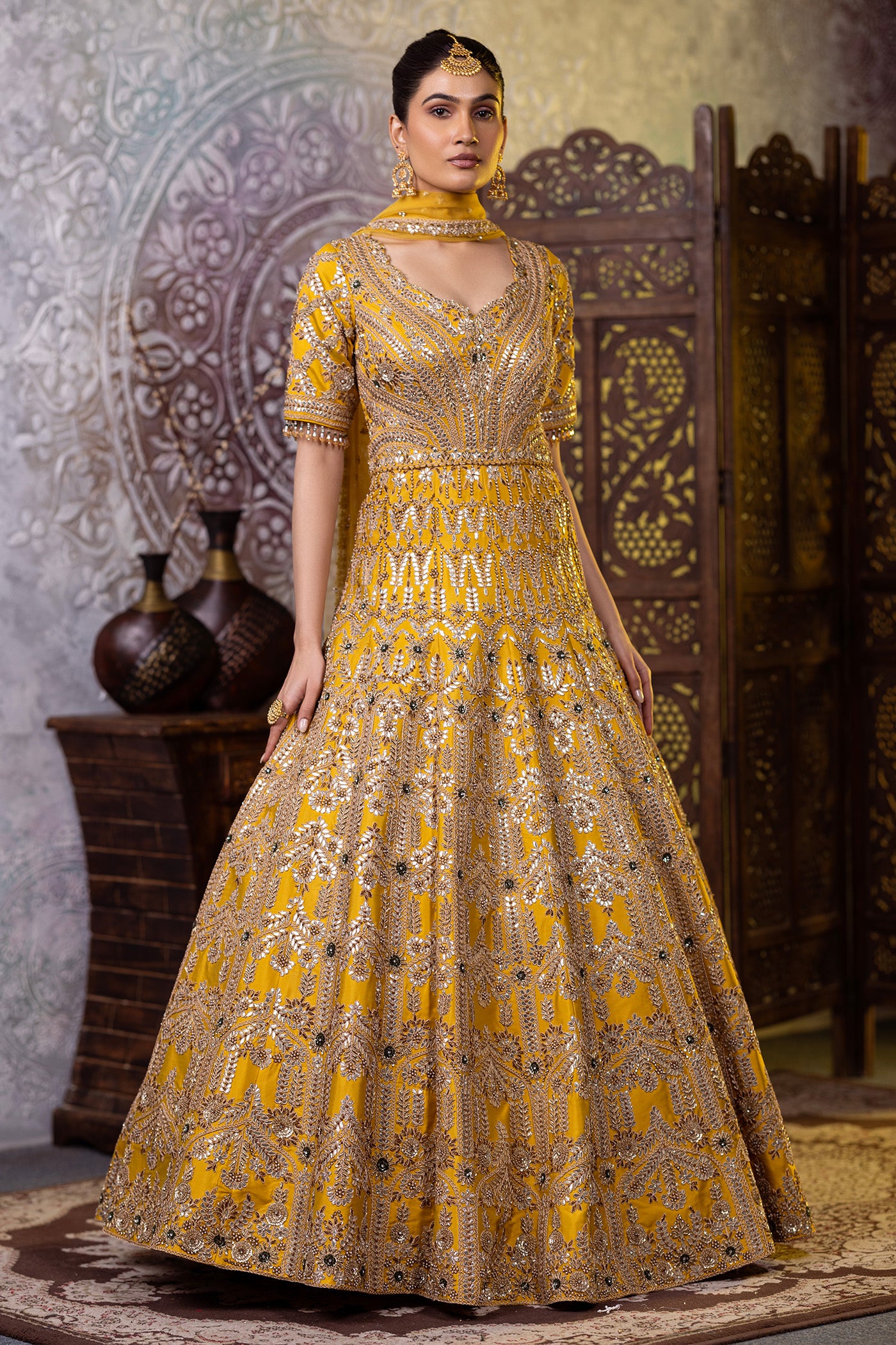 Mustard anarkali with sequins and crystal