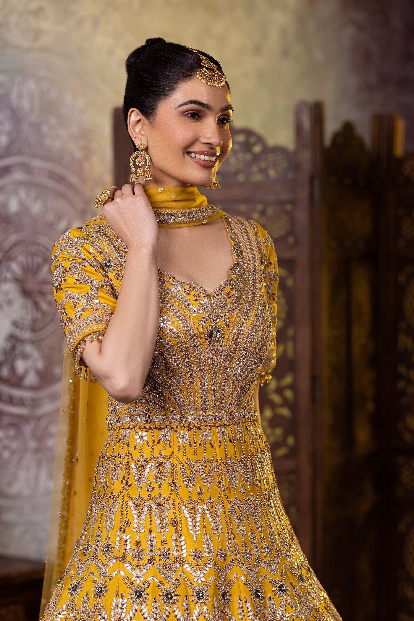 Mustard anarkali with sequins and crystal