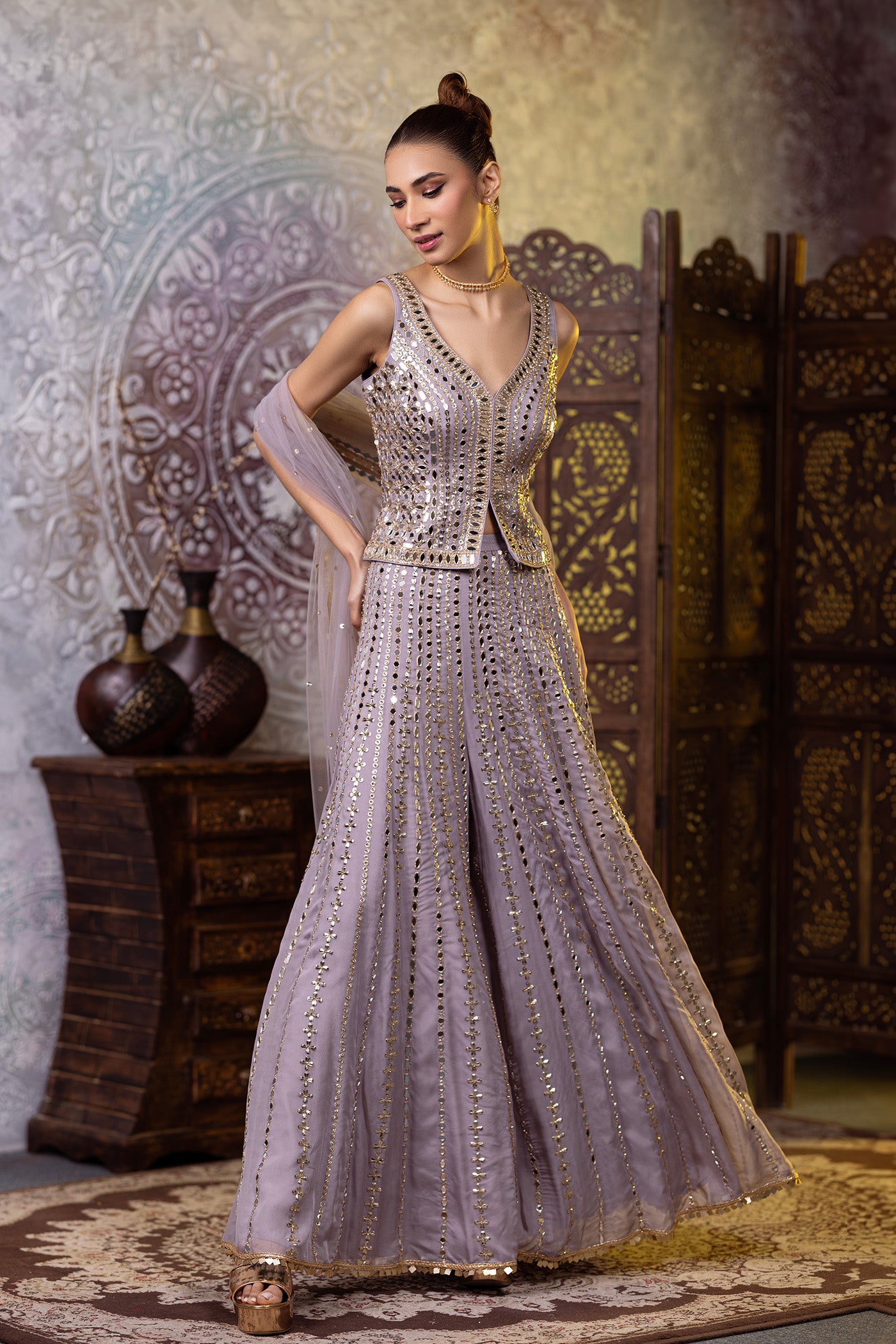 Lavender mirror-embroidered crop-top sharara set