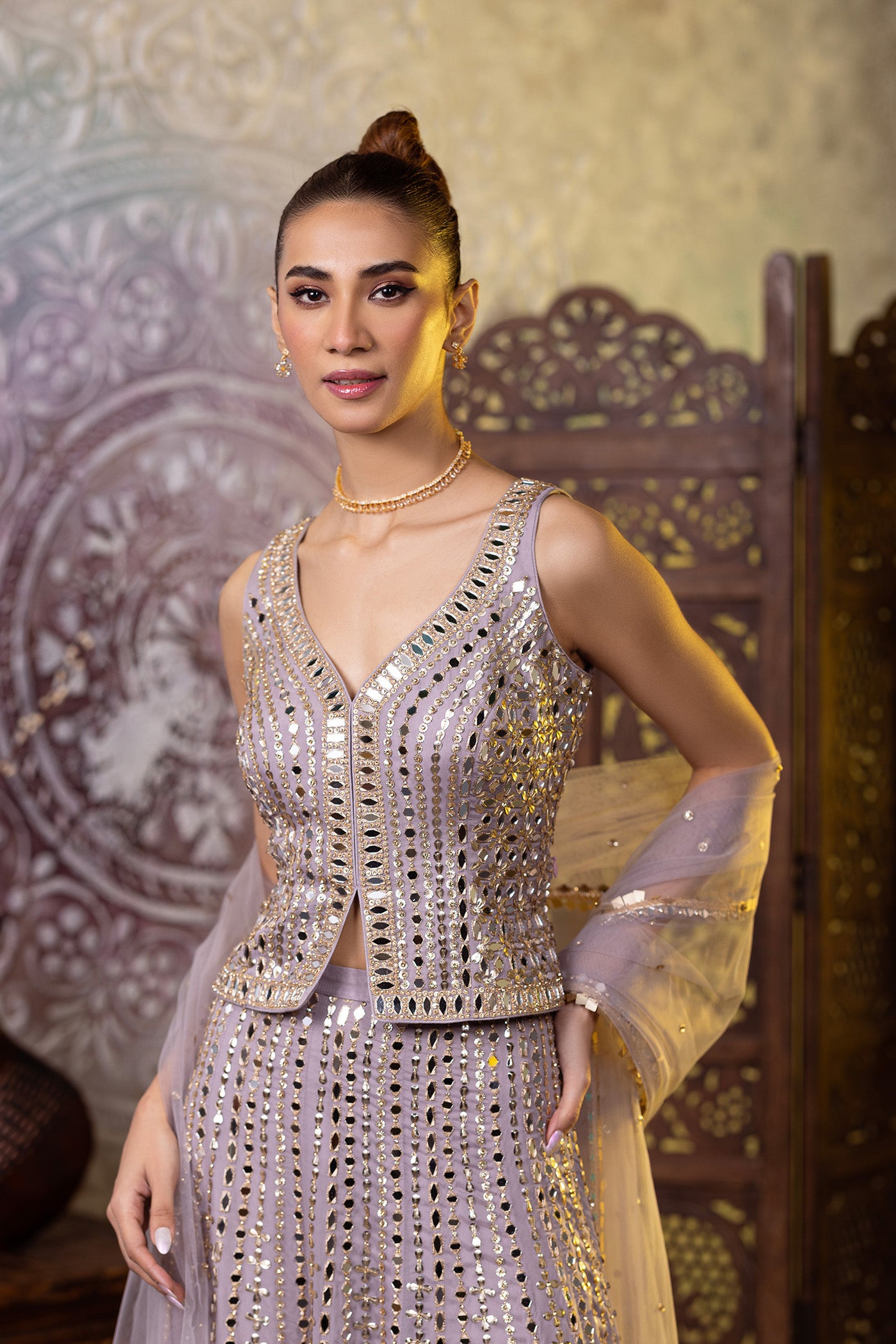Lavender mirror-embroidered crop-top sharara set