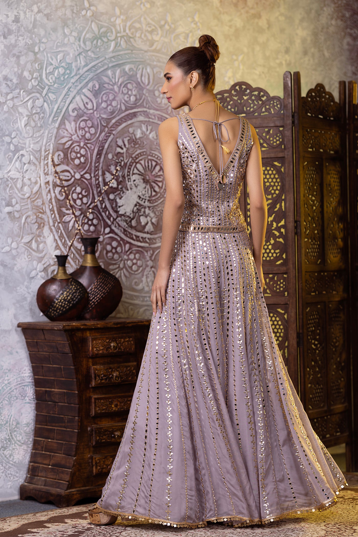 Lavender mirror-embroidered crop-top sharara set