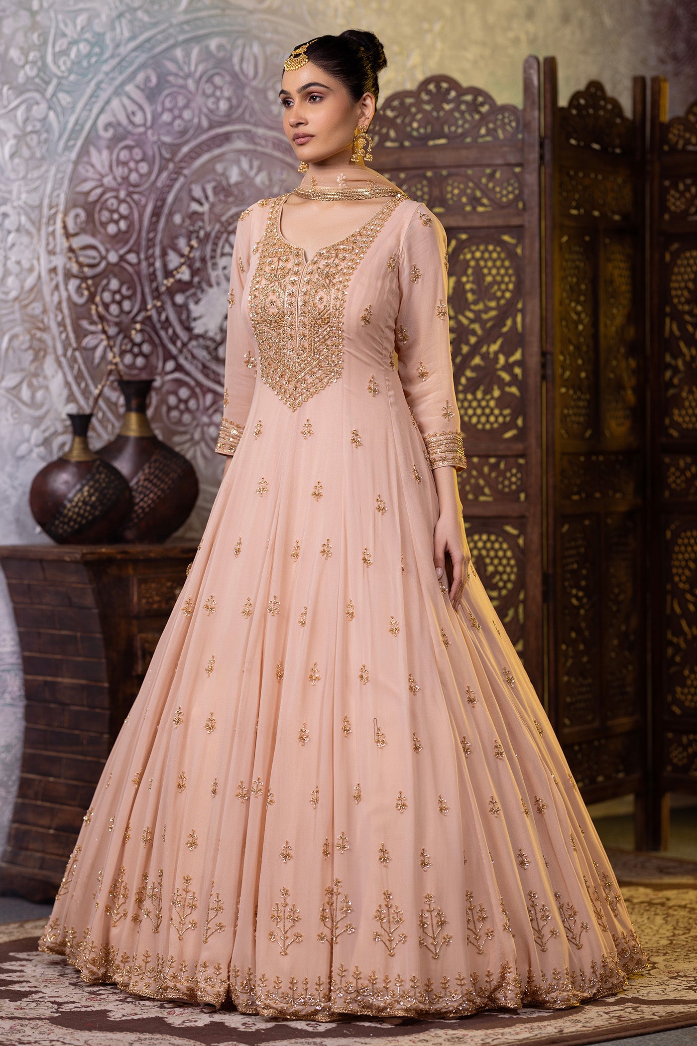 Peach gold anarkali suit with sequins