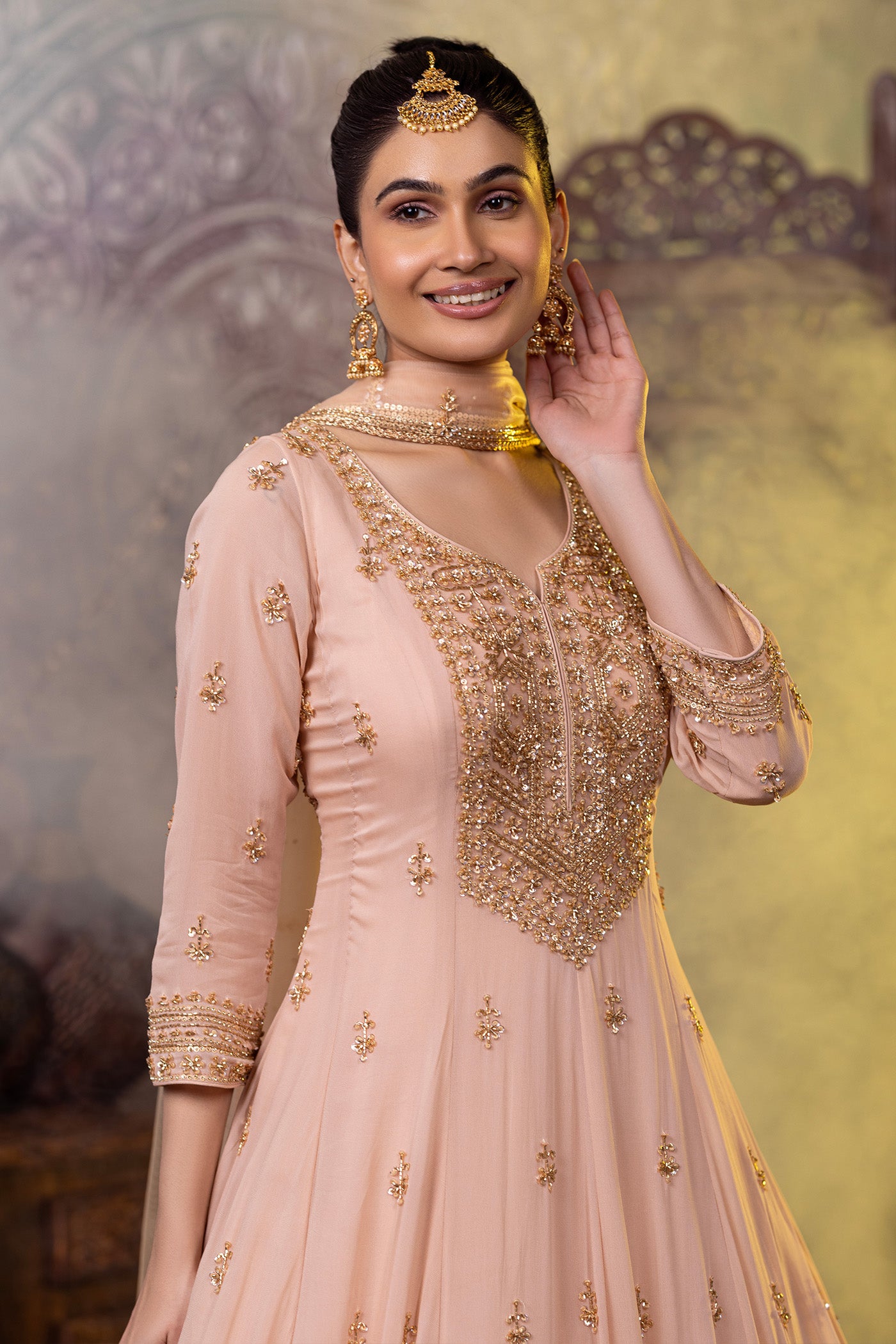 Peach gold anarkali suit with sequins