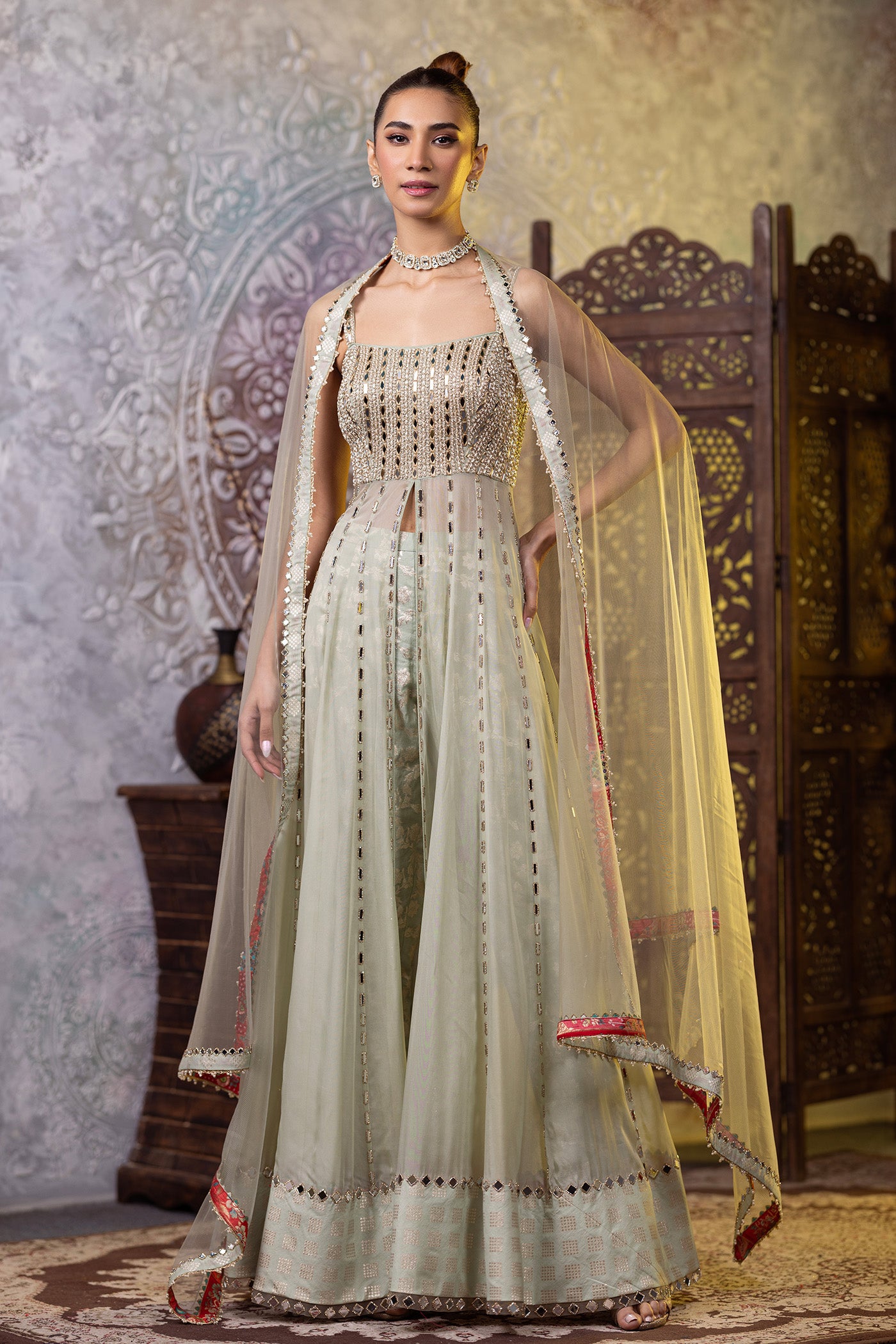 Organza green mirror work anarkali