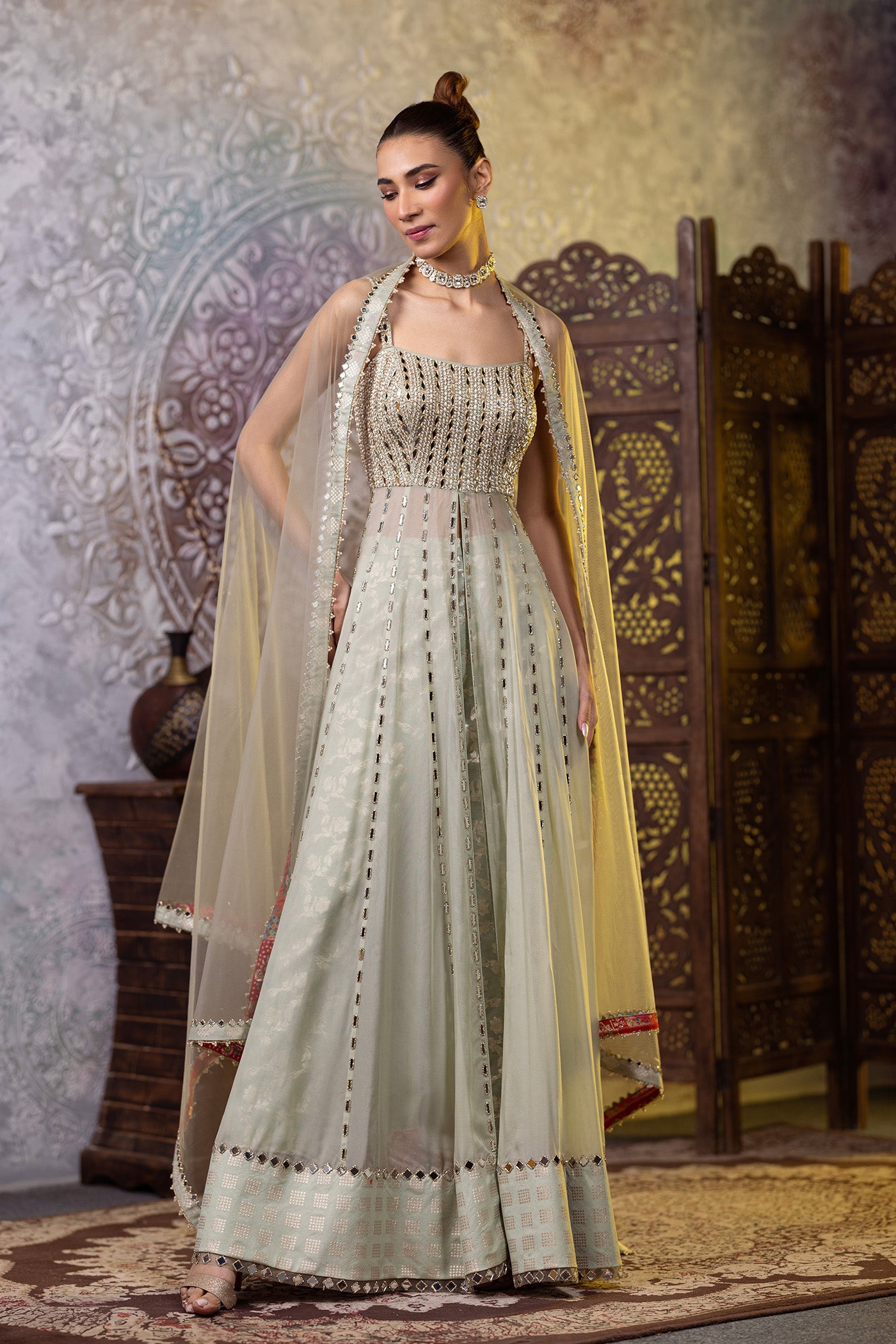 Organza green mirror work anarkali