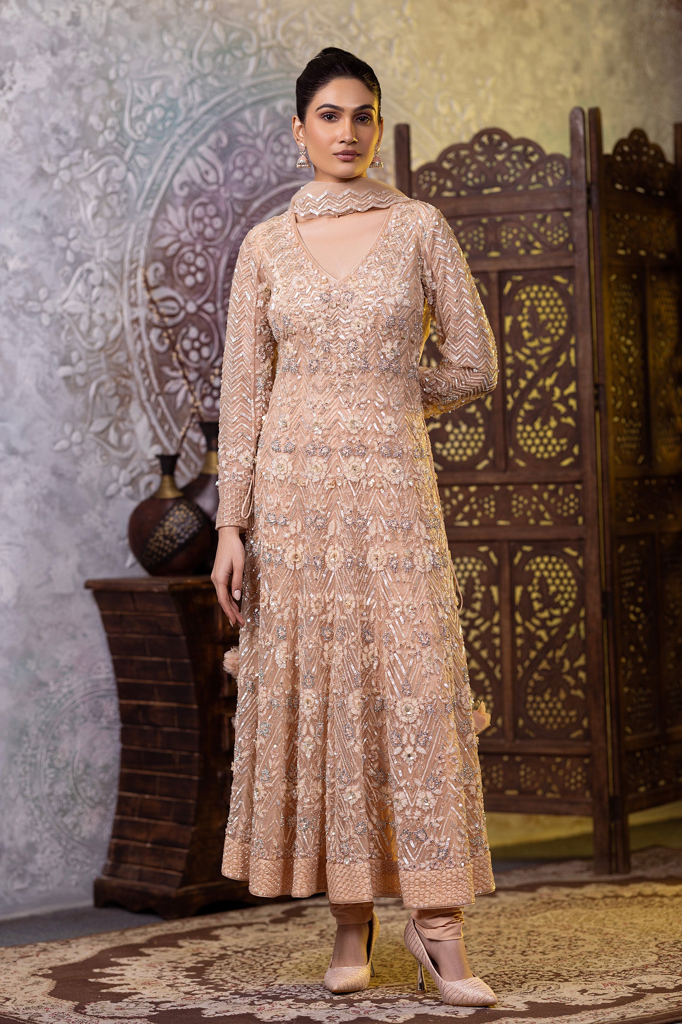 Cream sequins long shirt with chudidar
