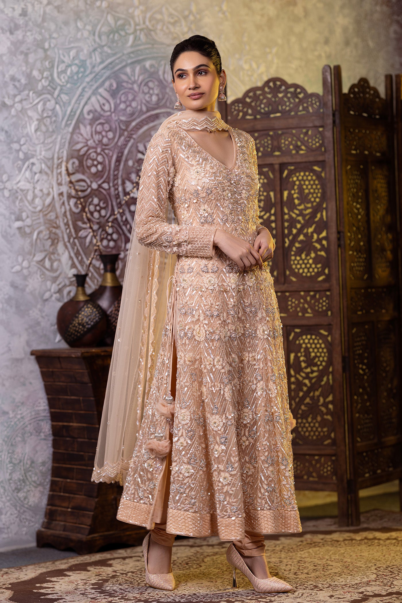Cream sequins long shirt with chudidar